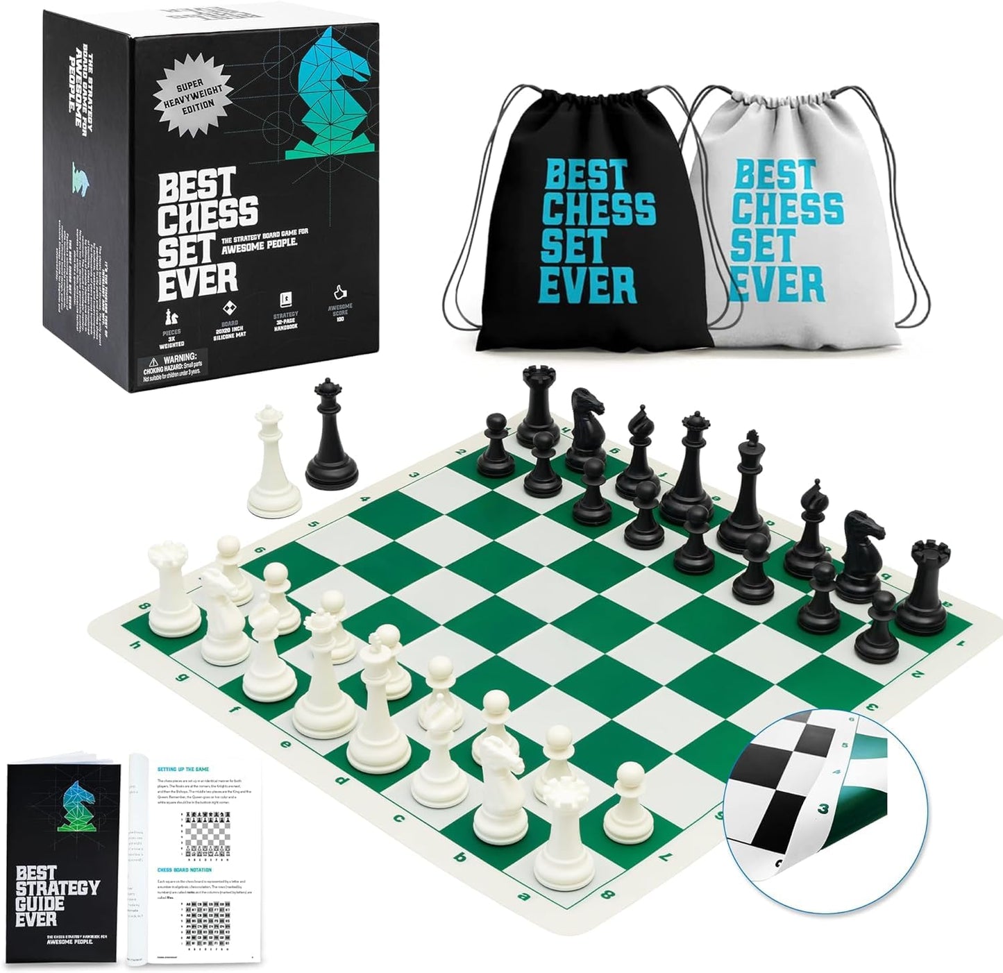 Chess Geeks Best Chess Set - Triple Weighted Tournament Size (4" King), Roll Up Silicone Mat, Large Staunton Pieces, Model BKG-002