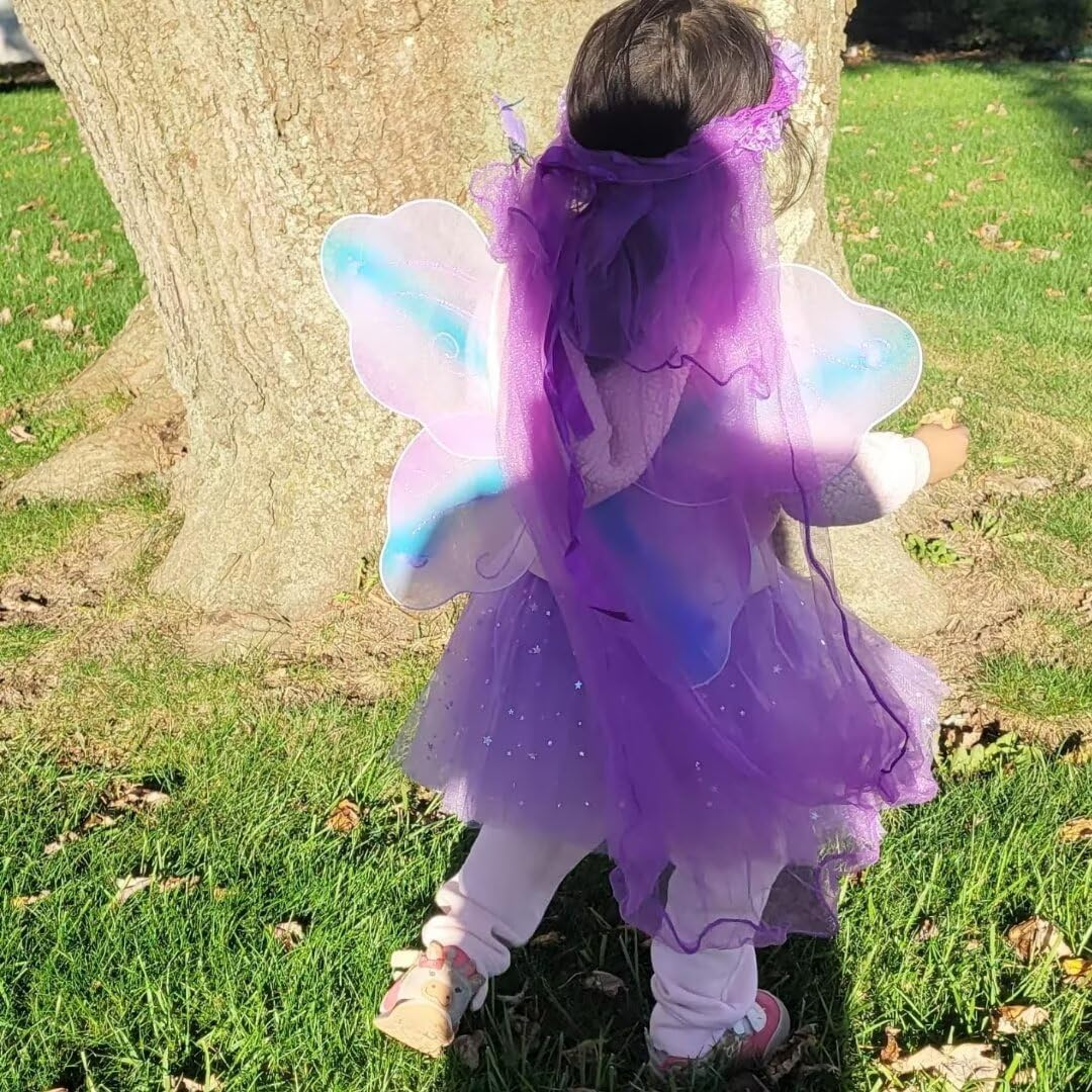 Wildparty Girl Fairy Costume Set With Butterfly Wings, Tutu, Butterfly Hair Clips, Magic Wand, Headband And Veil Costume Set For 3-8 Years Girl Dress Up And Birthday Party Ballet Dance (Purple)