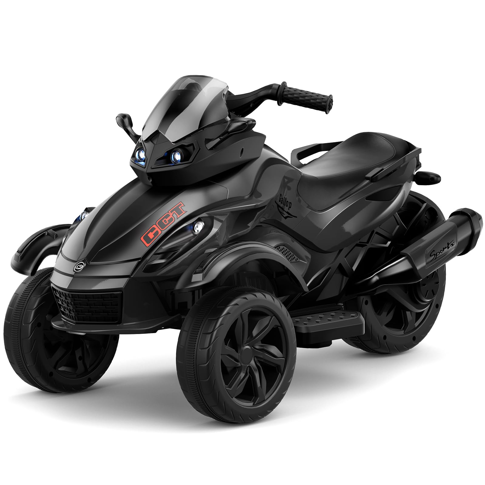 Hotsolo 12V Kids Electric Motorcycle, 3 Wheeler Toddler ATV with Led Lights, Music, Horn, Shock Absorbers, Black Power Wheels fo