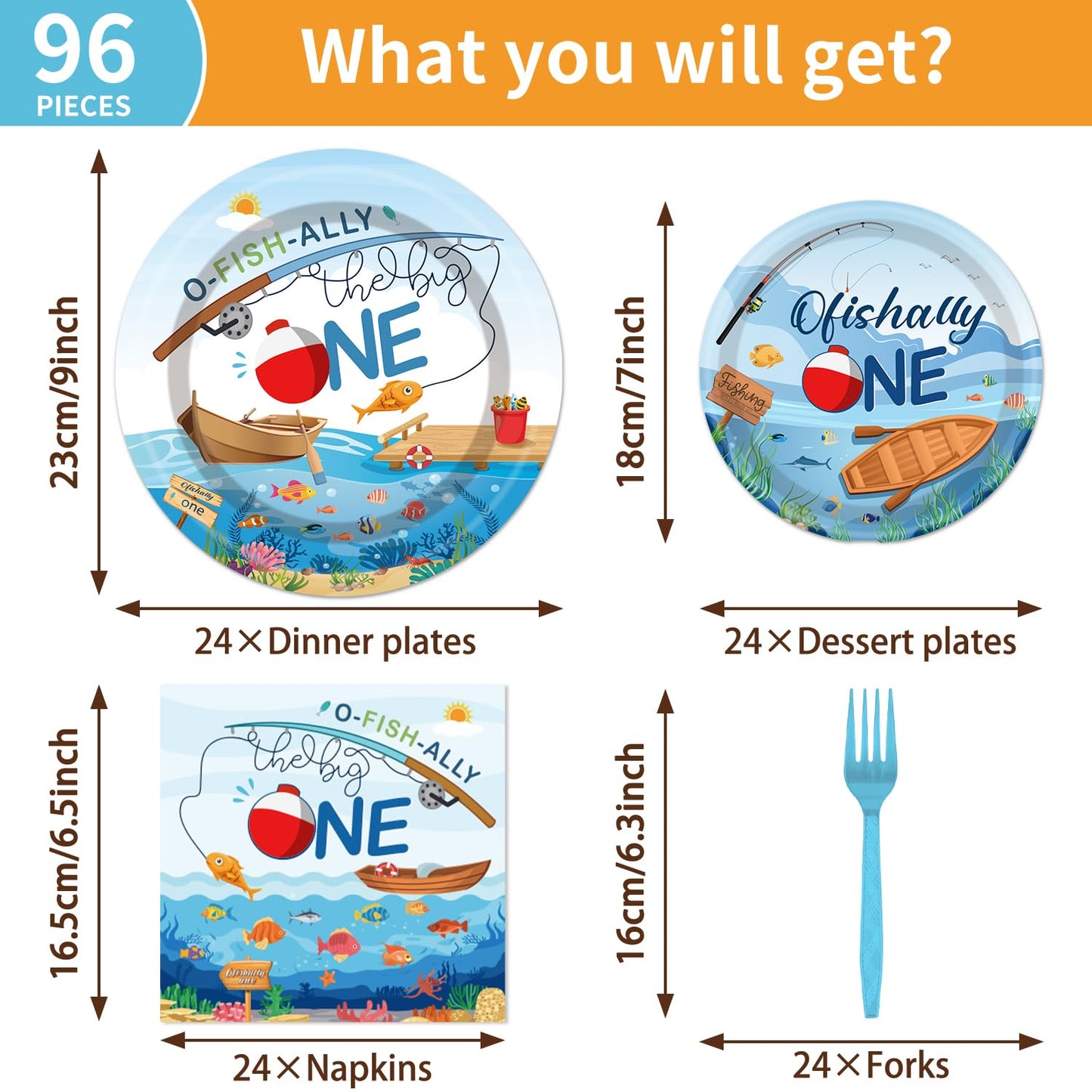 Ofishally One Birthday Party Decorations- 96PCS O Fishally One Plates and Napkins Party Supplies Fishing First Birthday Decorati