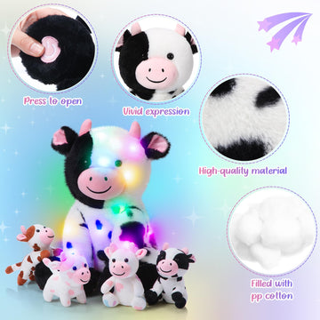 Sumind 5 Pcs Cow Plush Animals Set 13.78 Inch Mommy Cow Stuffed Animal With 4 Baby Cute Calf In Her Tummy Mommy And Small Plush For Baby Shower Boys Girls(Led)