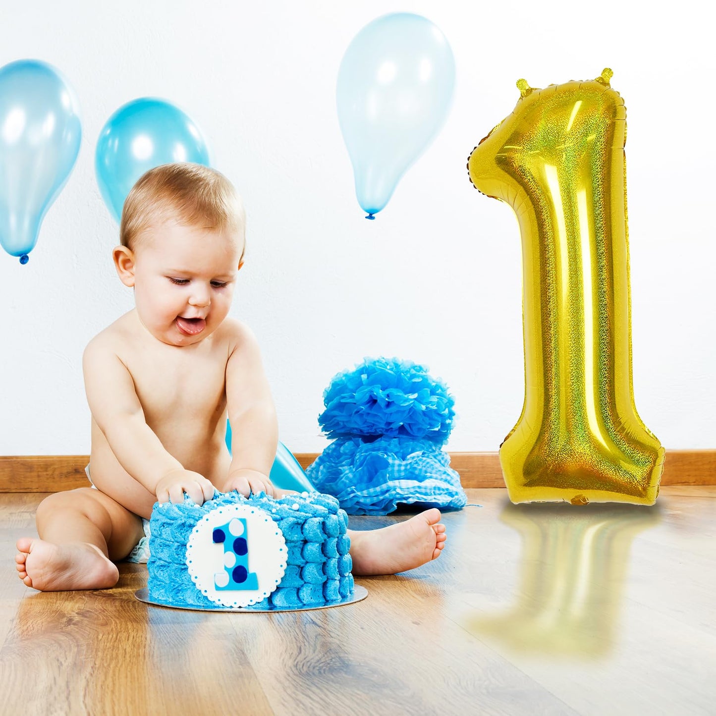 Laser Gold Number 1 Balloons, 40 Inch Foil 1 Balloons For 1 Year Old Birthday Decor, Giant Helium Self Inflating 1 Number Balloo