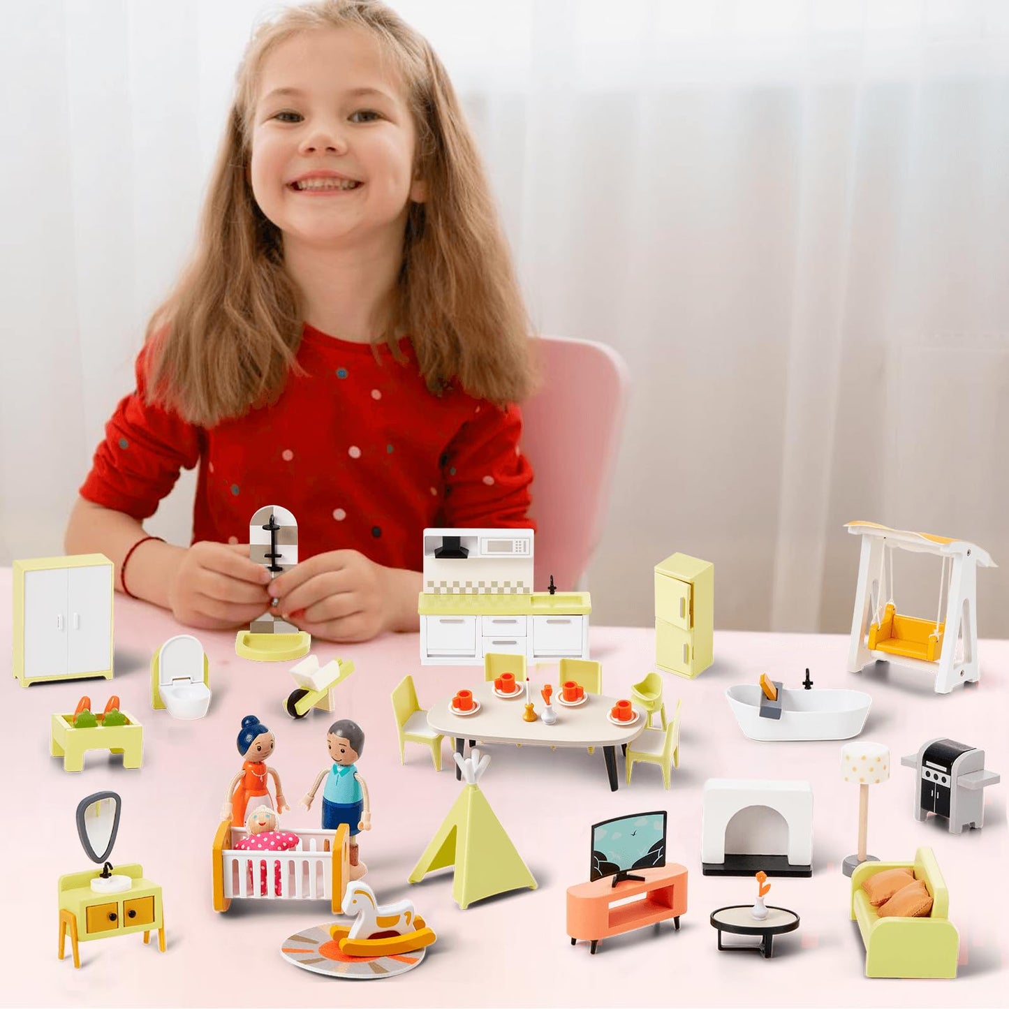 Giant Bean 37Pcs Green Wooden Plastic Dollhouse Furniture Kitchen And Bathroom Set, Modern Wood Dollhouse Accessories Pretend Play Furniture Toys For Boys Girls Toddlers & Kids 3+