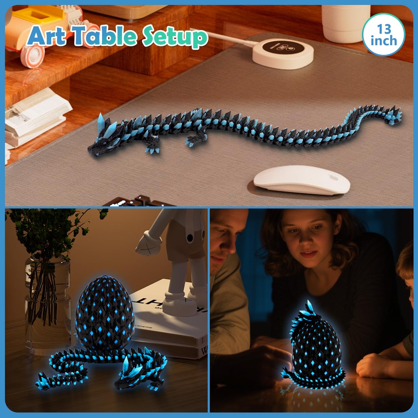 3D Printed Glowing Dragon Egg - Articulated Fantasy Dragon Figurine  Glow in The Dark Collectible  3D Printed Dragon Egg Gift for Fans & Collectors (Midnight Obsidian)