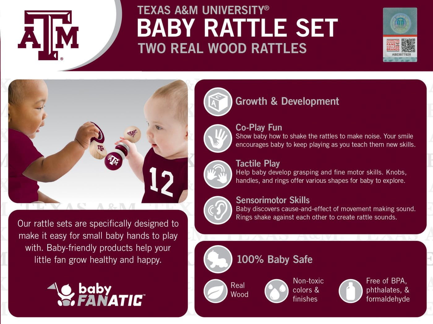 Babyfanatic Wood Rattle 2 Pack - Ncaa Texas A&M Aggies - Officially Licensed Baby Toy Set