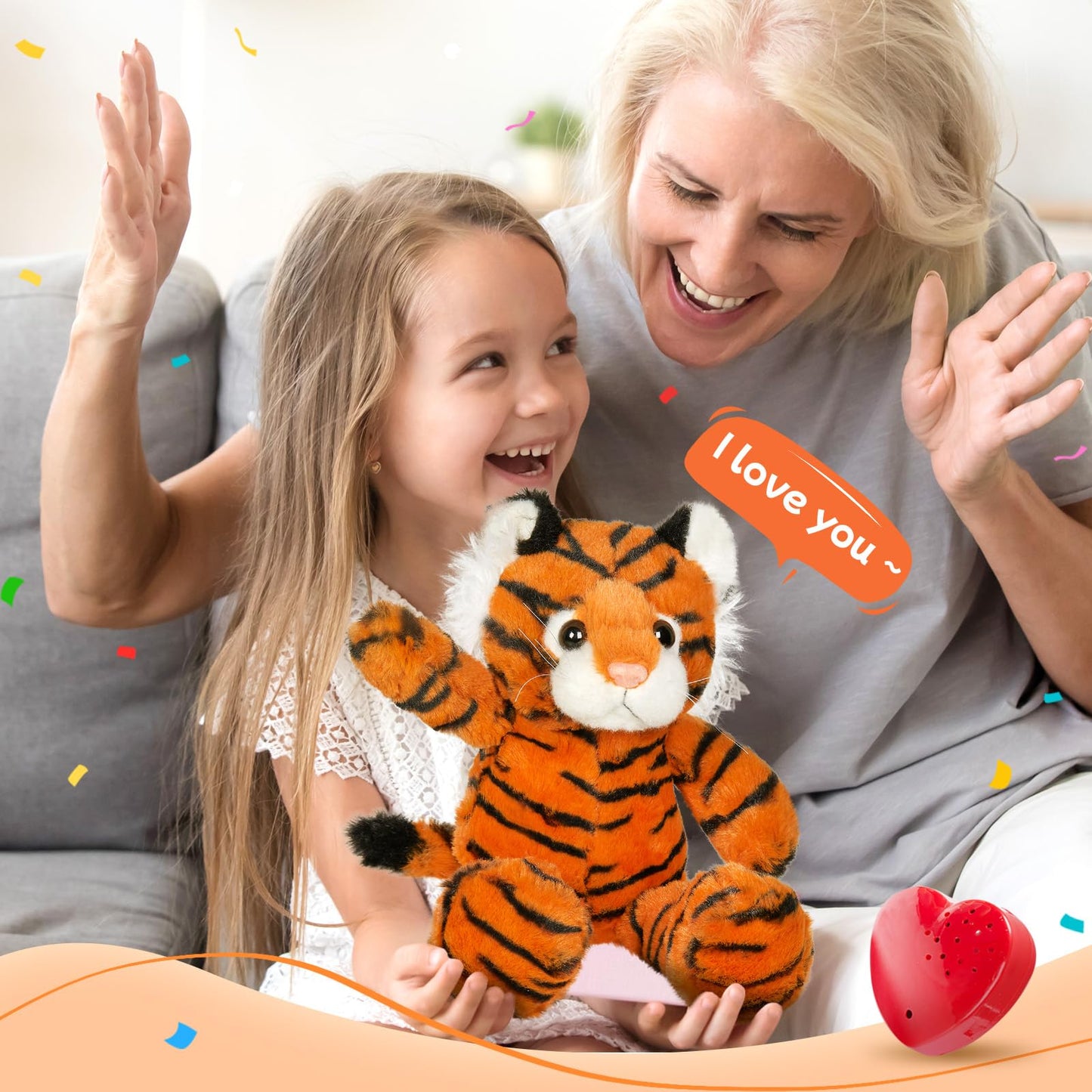 CozyWorld Recordable Stuffed Tiger Toy - 13" Soft Plush, 100% PP Cotton, Voice Playback for Kids
