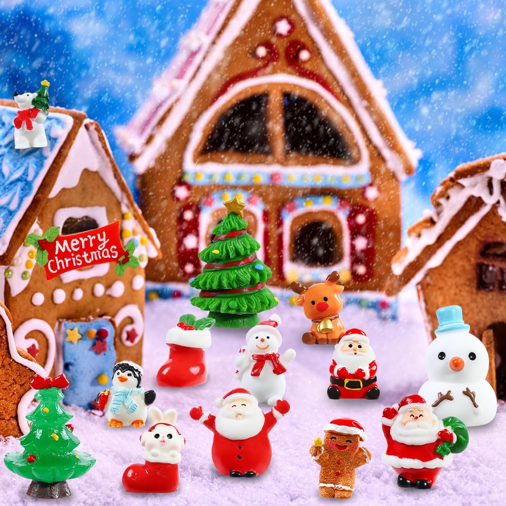 DIYDEC 32Pcs Christmas Miniature Figurines, Mini Resin Figurines to Hide Small Resin Santa Claus Snowman Xmas Trees Animals for