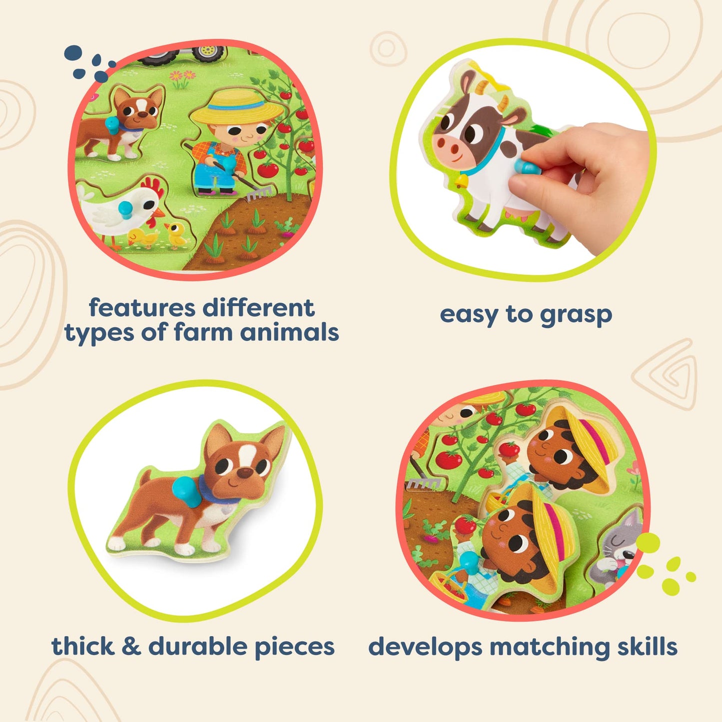 B. Toys- Peek & Explore - Barnyard- Wooden Peg Puzzle – Farm Puzzle For Toddlers, Kids – 8 Barnyard Pieces – Barn, Animals, Farmers & More – 2 Years +