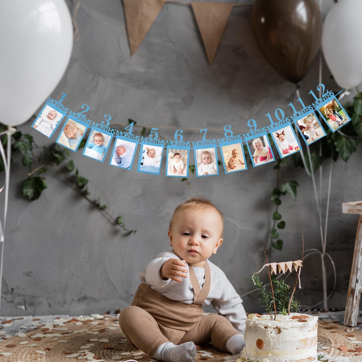 Nogeqi 12PCS 1st Birthday Photo Banner from Newborn to 12 Months, 1st Year Down Birthday Decorations, Glitter First Birth Day Ba