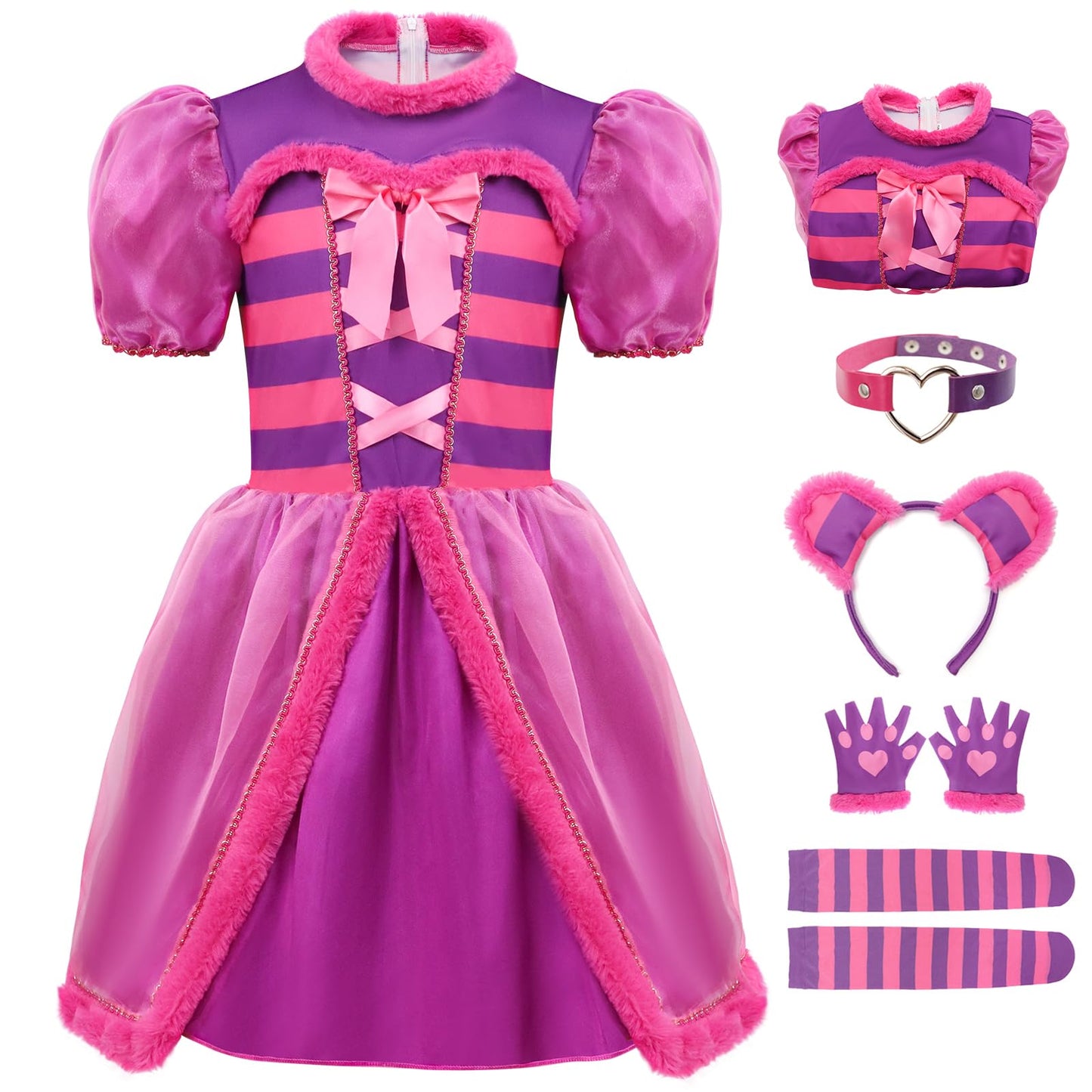Antsoldier Magic Striped Cat Dress Costume Kids Girls Toddler Halloween Pink Purple Stripe Cat Costume With Accessories