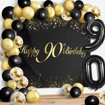Happy 90Th Birthday Balloons Black Set Decor - Cheers To 90 Years Old Party Theme Garland Banner Backdrop Decorations For Women