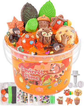 Squirrel Orange Slime Kit, Clear Slime Bucket With Slime Clay, 10 Packs Of Slime Add-Ins, Slime Party Favors For Kids, Sensory T