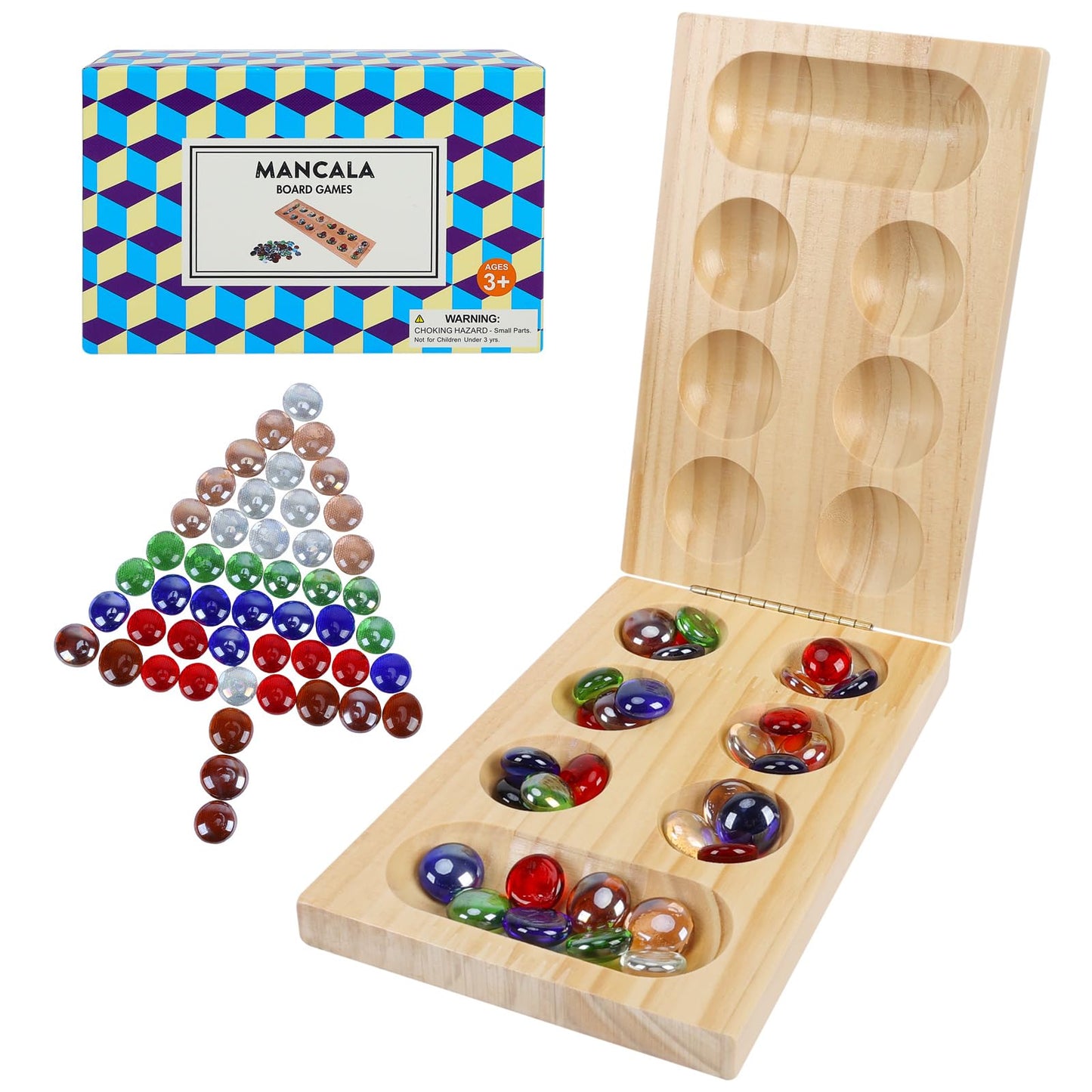 Offelec Mancala Board Game Set  Portable Travel Wooden Folding Set  Fun Table Games for Kids mature-themeds Family Night  48 Multi Color Glass Stones  Birthday  2 Players Games