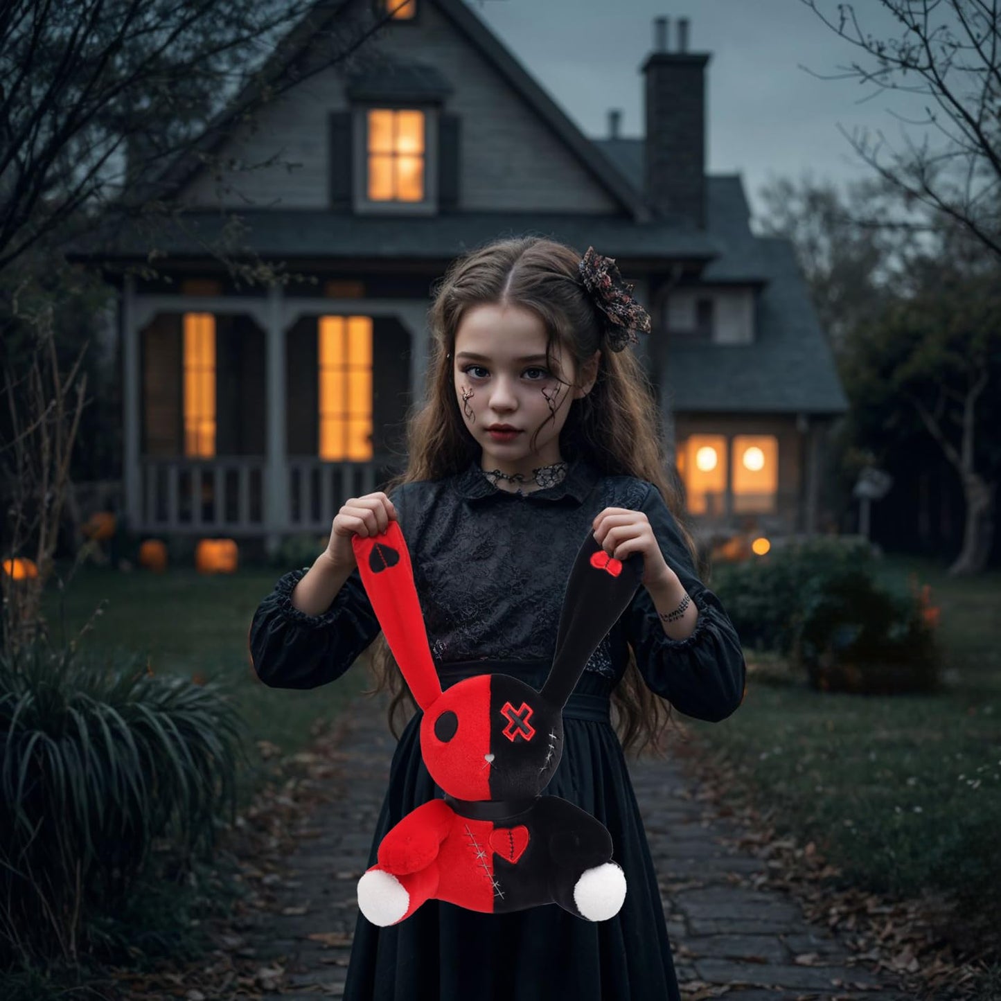 Qleewei Goth Bunny Plush Rabbit Horror Plushies Easter Stuffed Animal Creepy Spooky Bunny Stuffed Animal Crazy Rabbit Plushie To