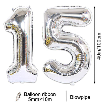 2Pcs 40 Inch Number Balloon Foil Balloons Number 15 Jumbo Giant Balloons Prom Balloon Mylar Huge Number Balloon For Birthday Party Decoration Wedding Anniversary, Xxxl Silver 15 Number Balloon
