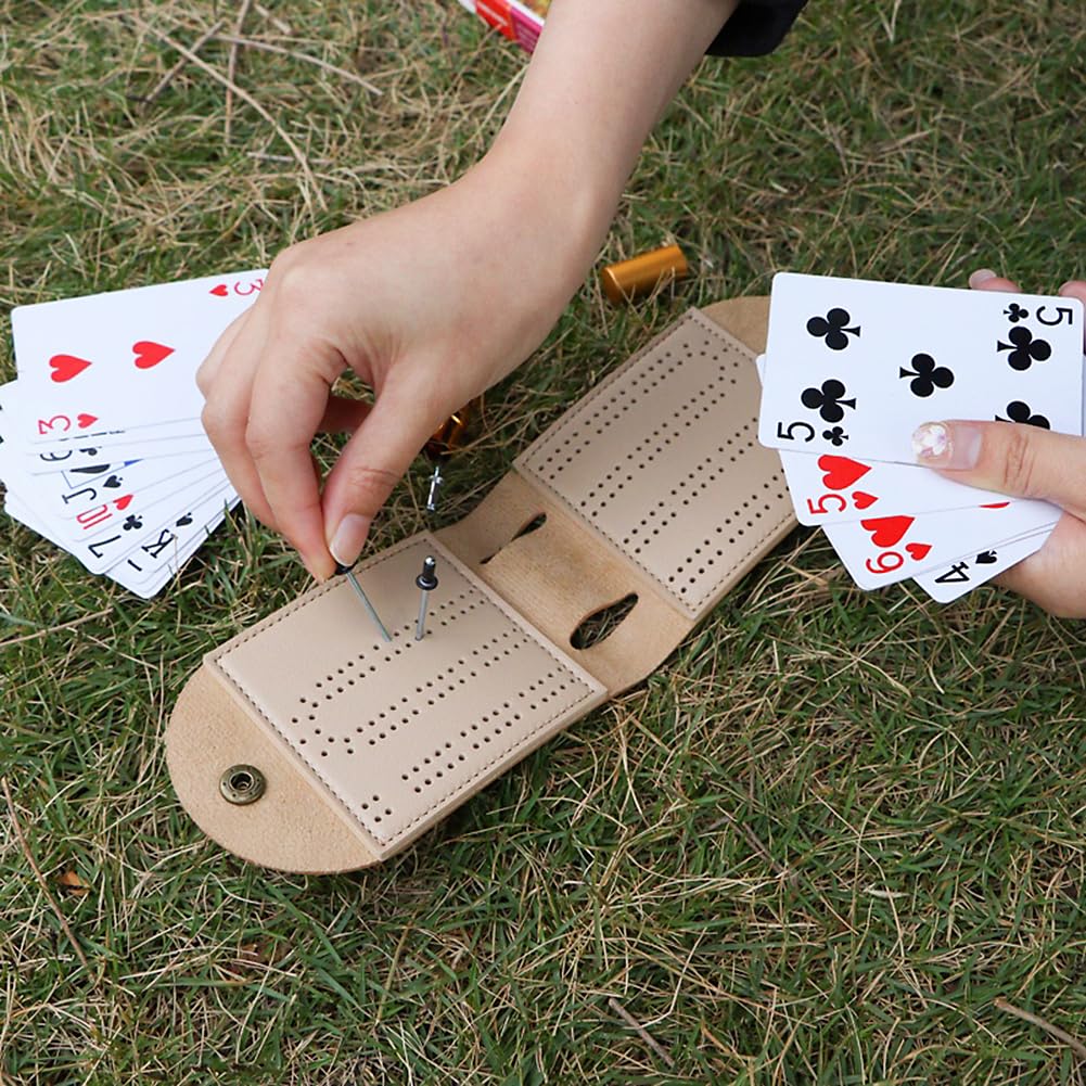 Travel Cribbage Board Game Set, Portable Cribbage Boards Unique 2 Track Cribbage Board, Foldable Pu Mini Cribbage Board With 4 C