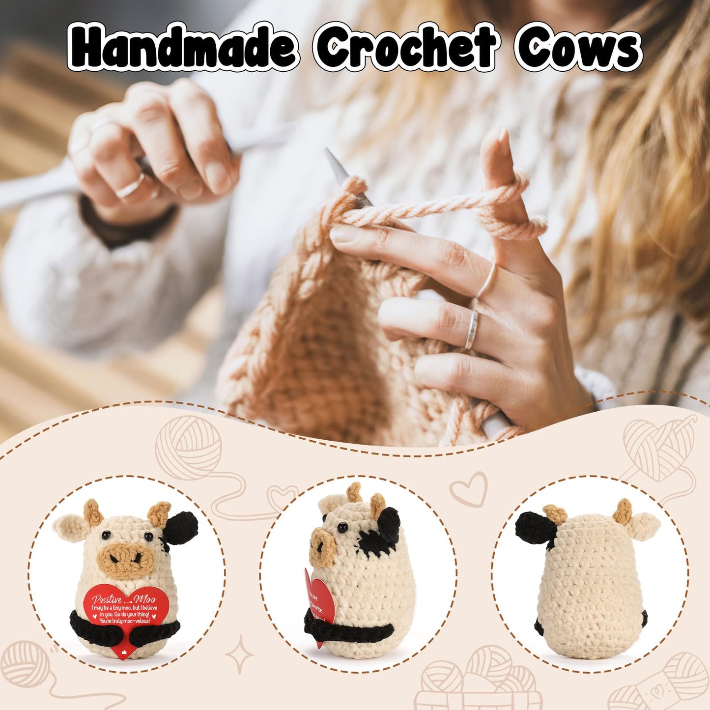 YUEYUQIU Mini Funny Cow Gifts for Women - Inspirational Motivational Gifts for Coworker Sister Best Friend Teens Girl - Cute Handmade Crochet Cow Present for Easter Birthday Graduation Christmas