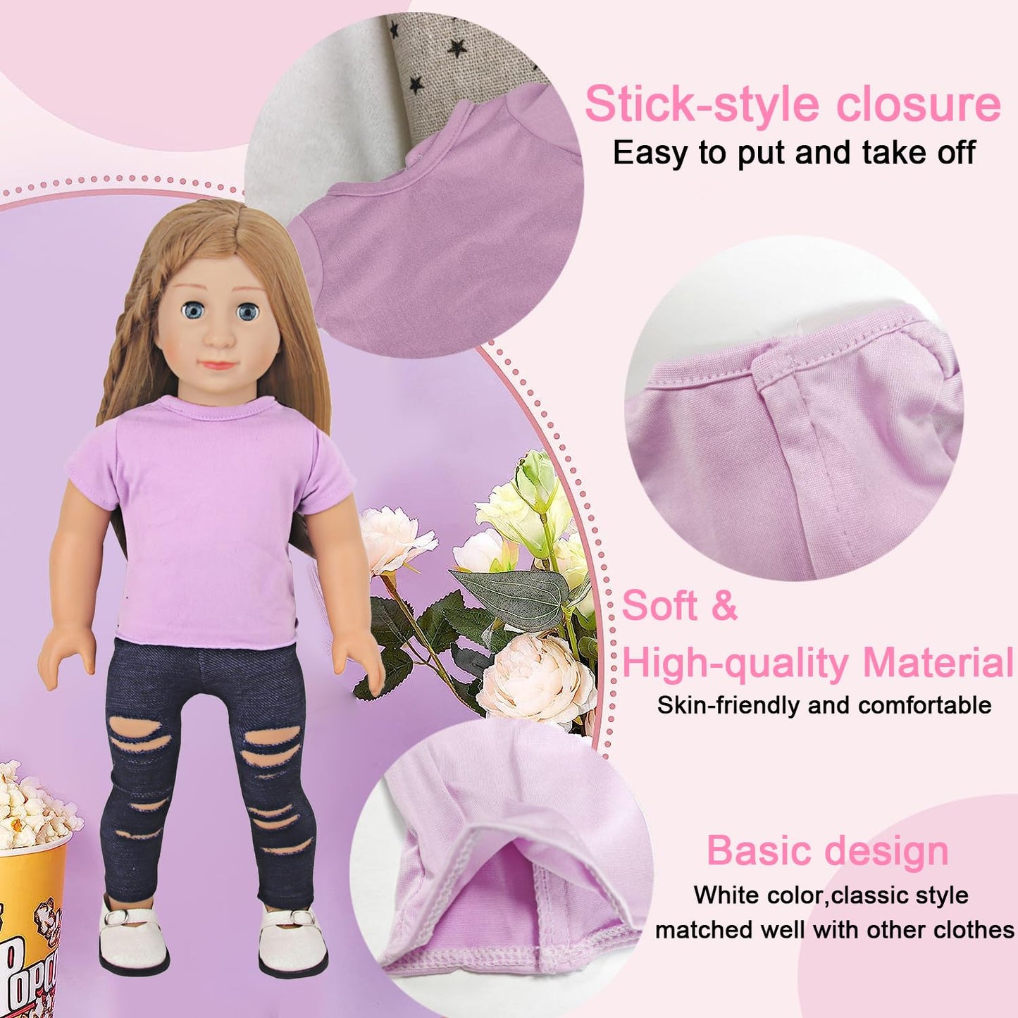AugFrog 5 Pcs T-Shirts Summer Outfit for 18 Inch Dolls - Classical Tee Fit (Purple)