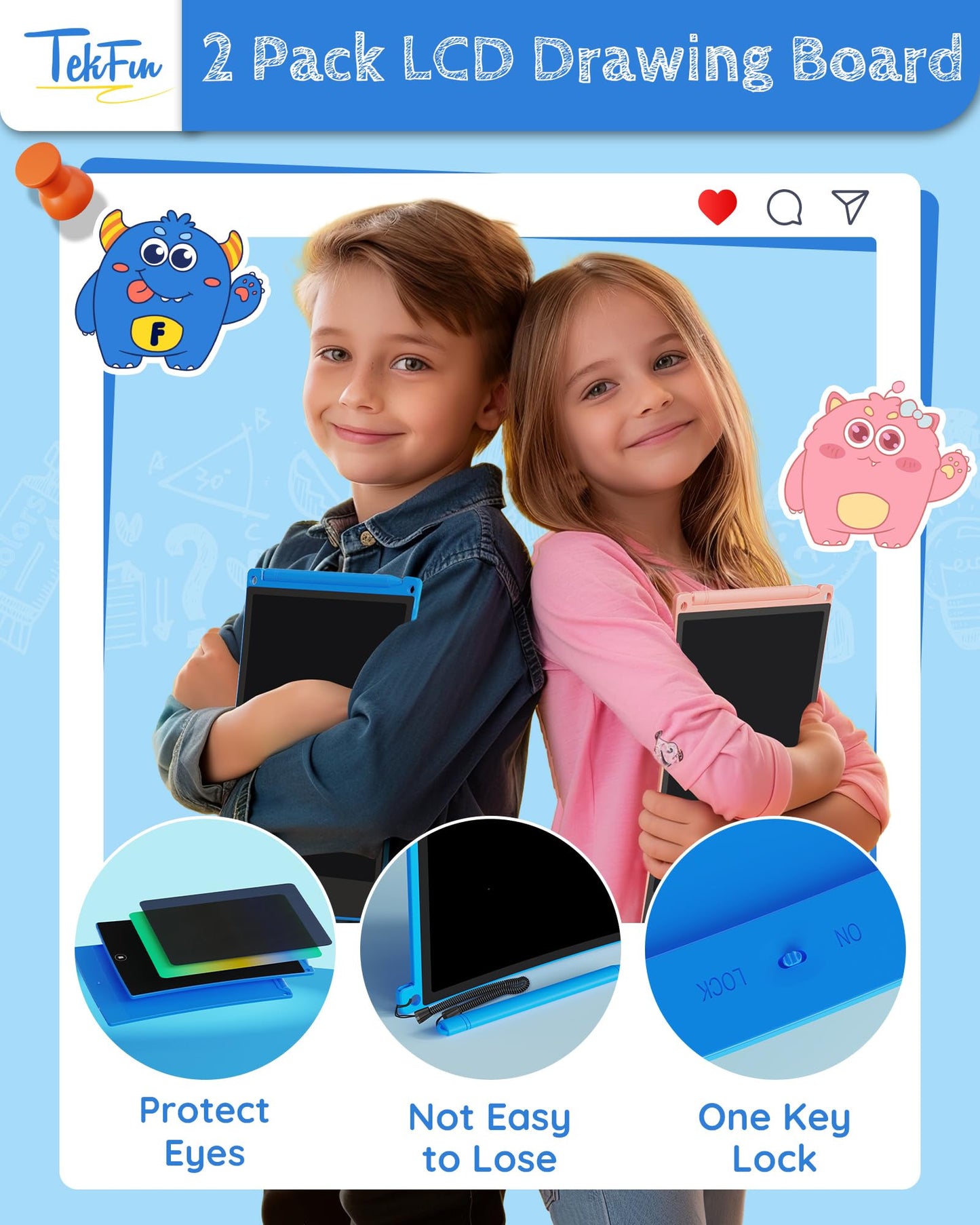 Tekfun 8.5In 2 Pack Lcd Writing Tablet For Kids Coloring Doodle Board Magic Drawing Pad For Kids With Anti-Lost Stylus, Car Trip