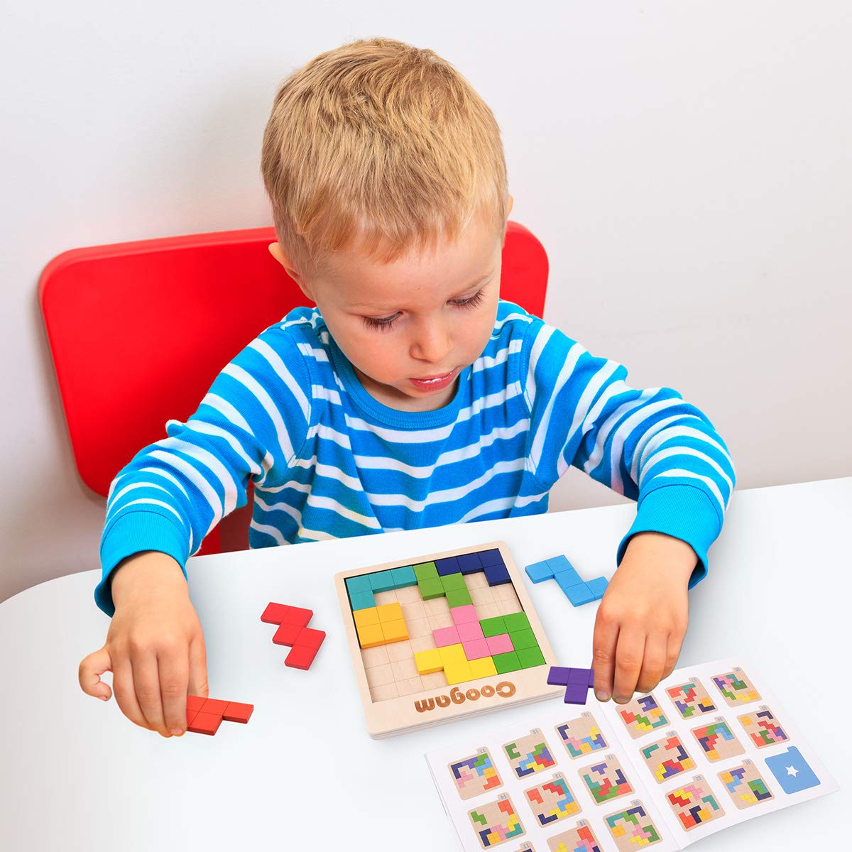 Coogam Wooden Puzzle Pattern Blocks - 3D Brain Teasers, 60 Challenges, Basswood Tangram Jigsaw for Kids & Adults