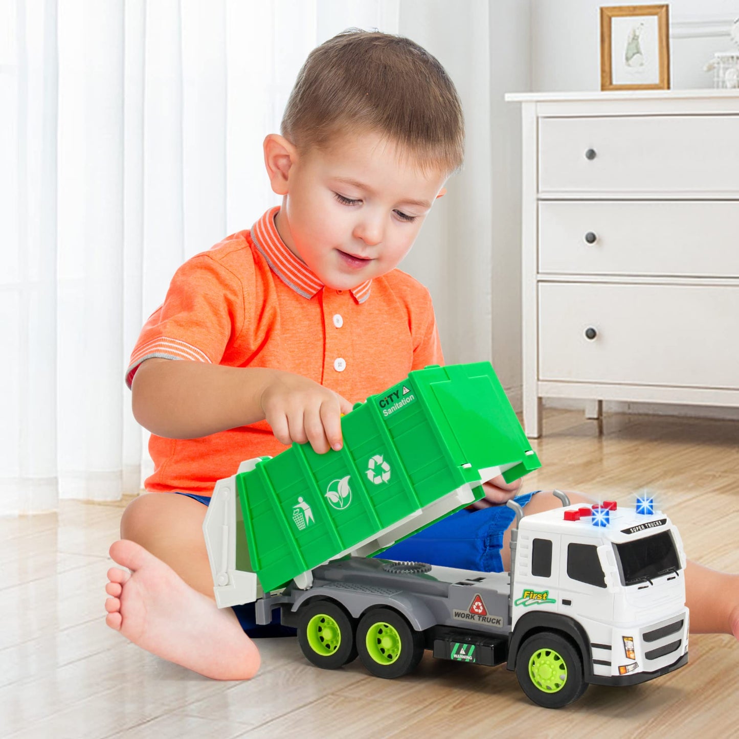 MOBIUS Toys Garbage Truck Friction-Powered - 1:12 Scale Large Size Truck w/Sounds, Lights, Loader, 4 Trash Cans for Learning Was