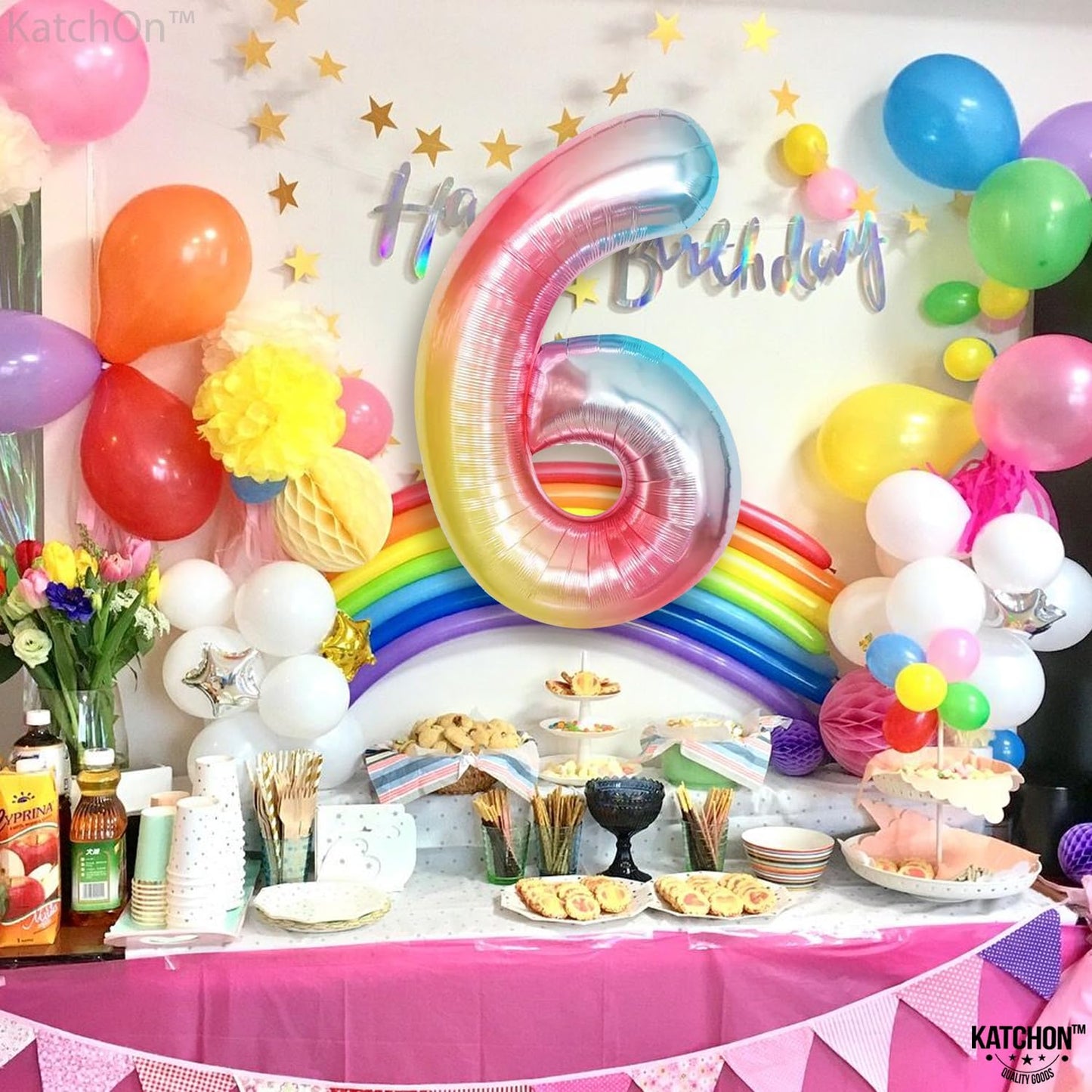 KatchOn Giant Rainbow Number 6 Balloon - 40 Inch Mylar for 6th Birthday & Anniversary Decorations