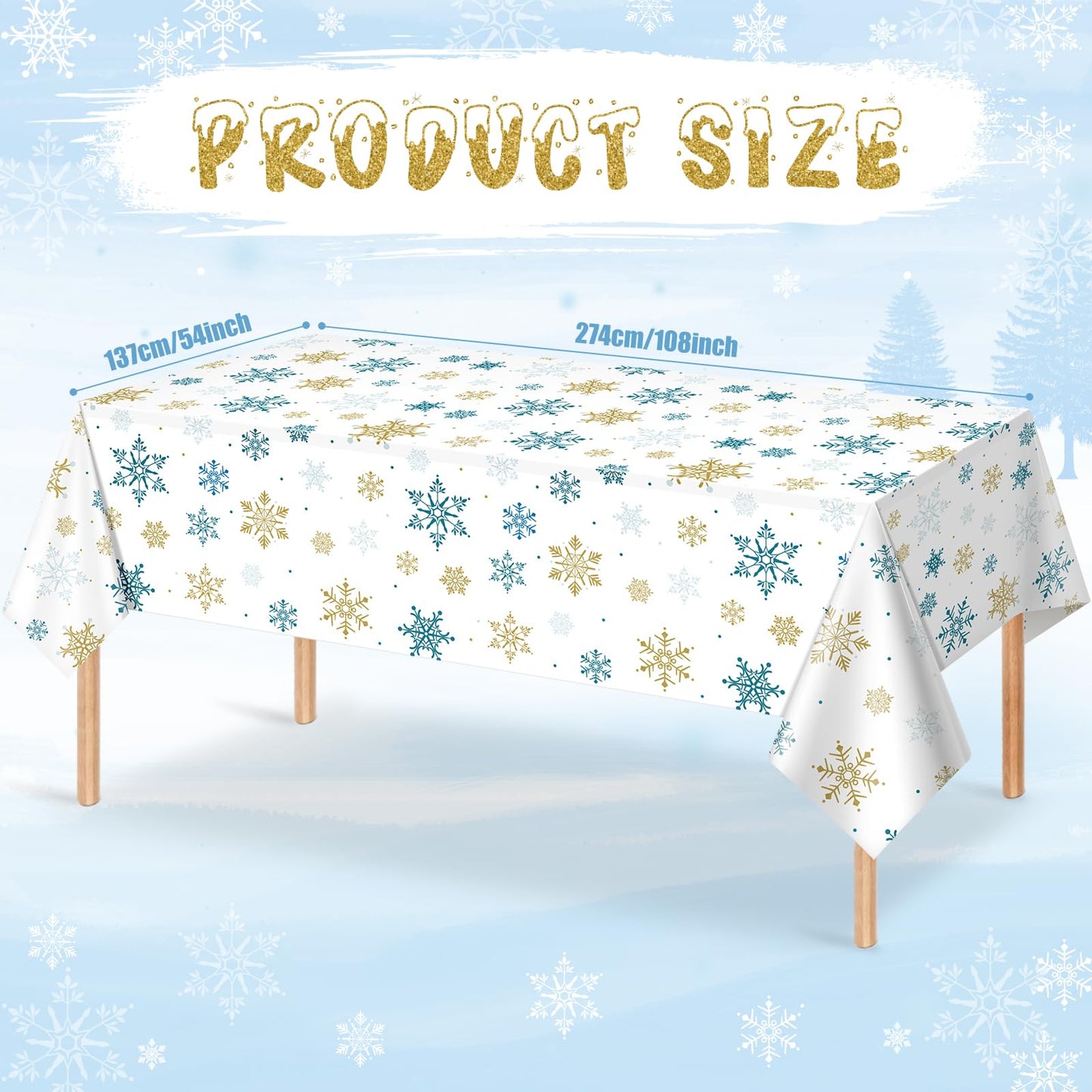 3Pcs Snowflake Plastic Tablecloth Christmas Snowflake Disposable Table Cloth White Blue and Gold Winter Wonderland Table Cover f