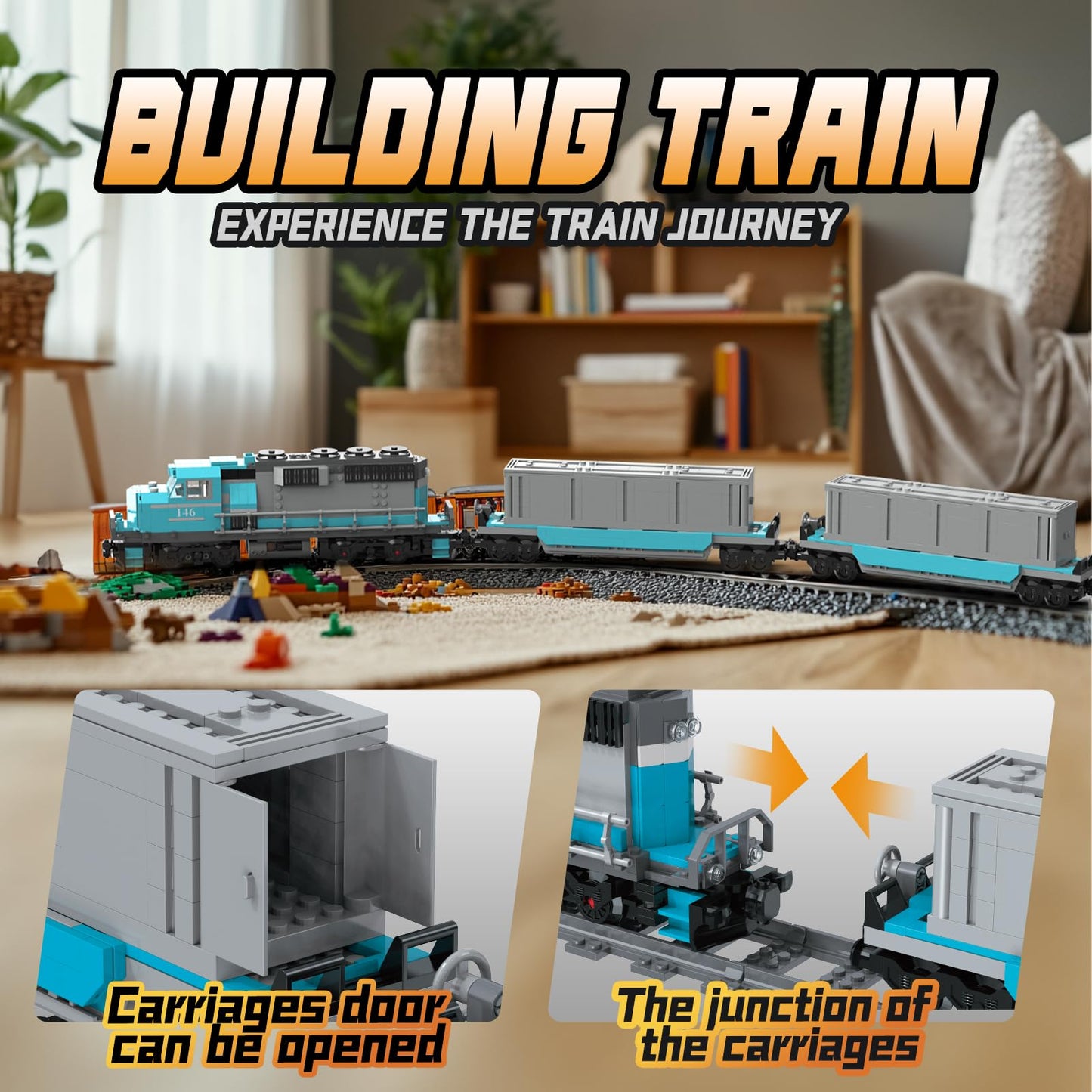 MOCBROPCS Train Building Block Set  Freight Cargo Internal Combustion Locomotive Model Building Toys  Gift for Kids Age 8+/mature-themed (1078 Pieces  with 32 Rails and Rechargeable Motor)