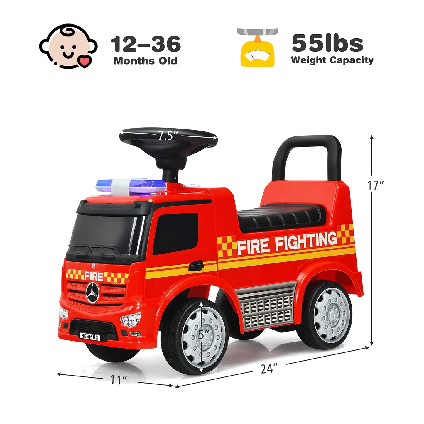 Honey Joy Ride On Push Car, Licensed Mercedes Benz Push Cars For Toddlers W/Horn, Music, Lights, Under Seat Storage, Foot-To-Floor Ride On Fire Truck Toy For Kids Boys Girls 1-3, Red