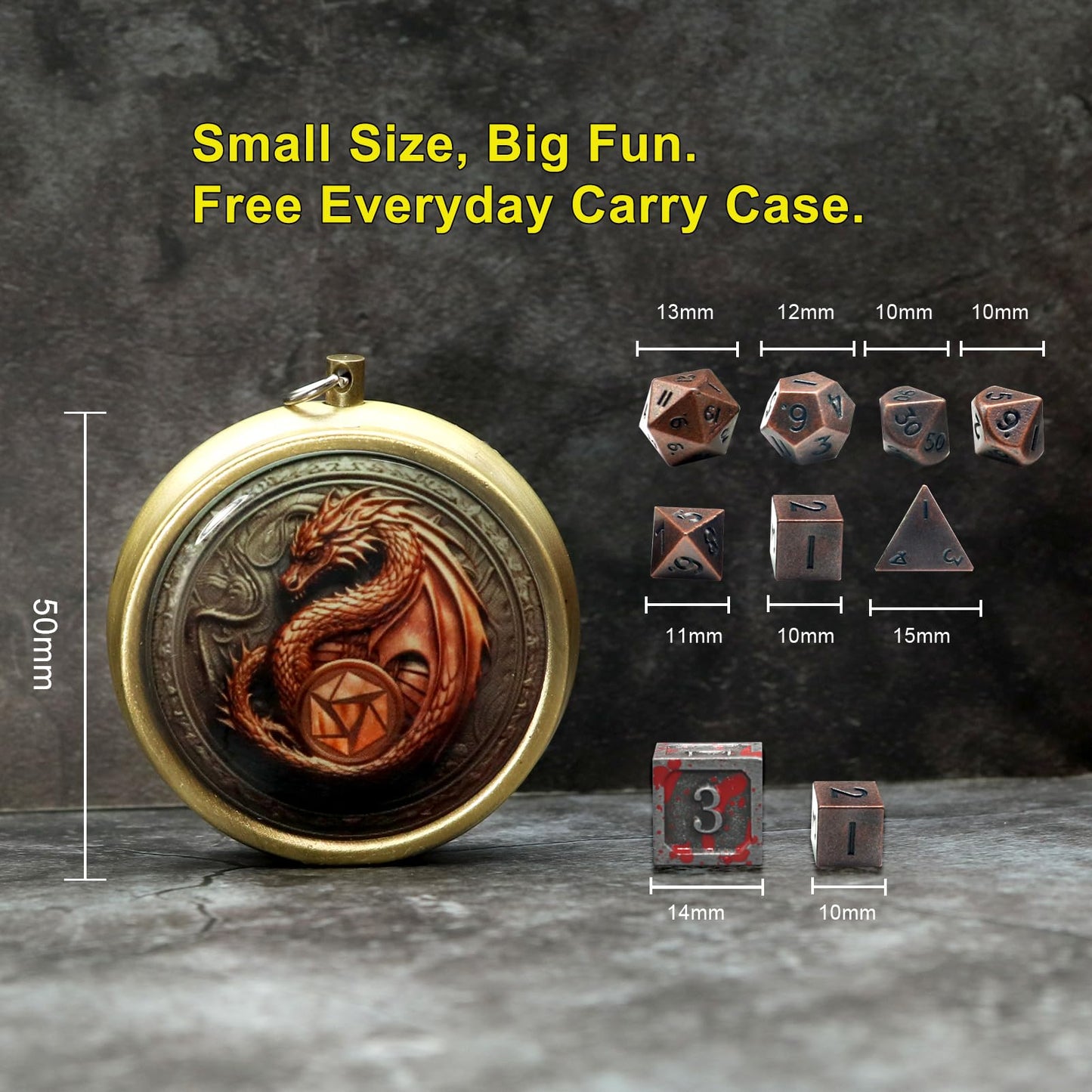 Haxtec Mini Dice Set with Keychain Dice Case 10mm Mini Metal DND Dice Antique Copper Metal Dice Set D&D Portable 7PCS Dice Set D
