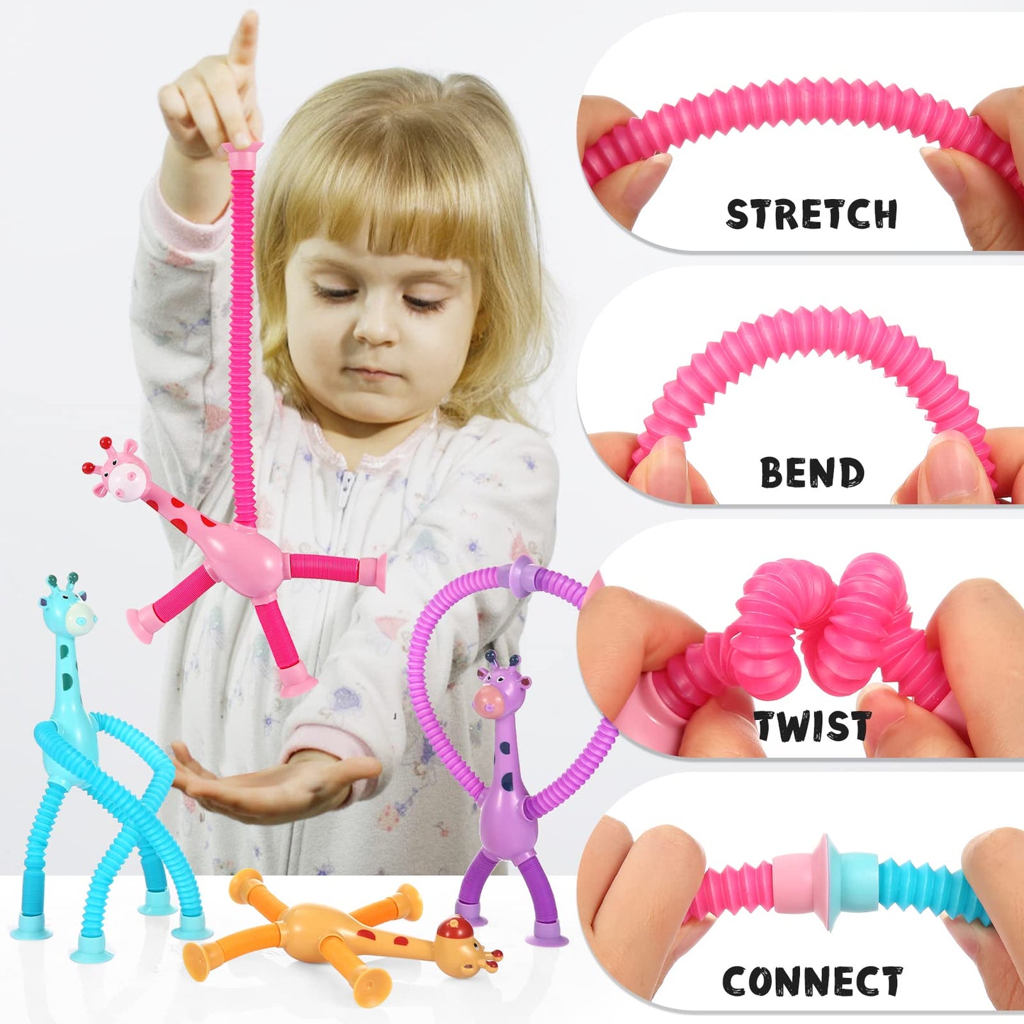 Xonteus 4 Pcs Telescopic Suction Cup Giraffe Toy, Sensory Tube Toddler Travel Toys, Connectable And Extendable Stress Relief Adhd Autism Fidget For Kids, Easter Basket Stuffers For Gifts
