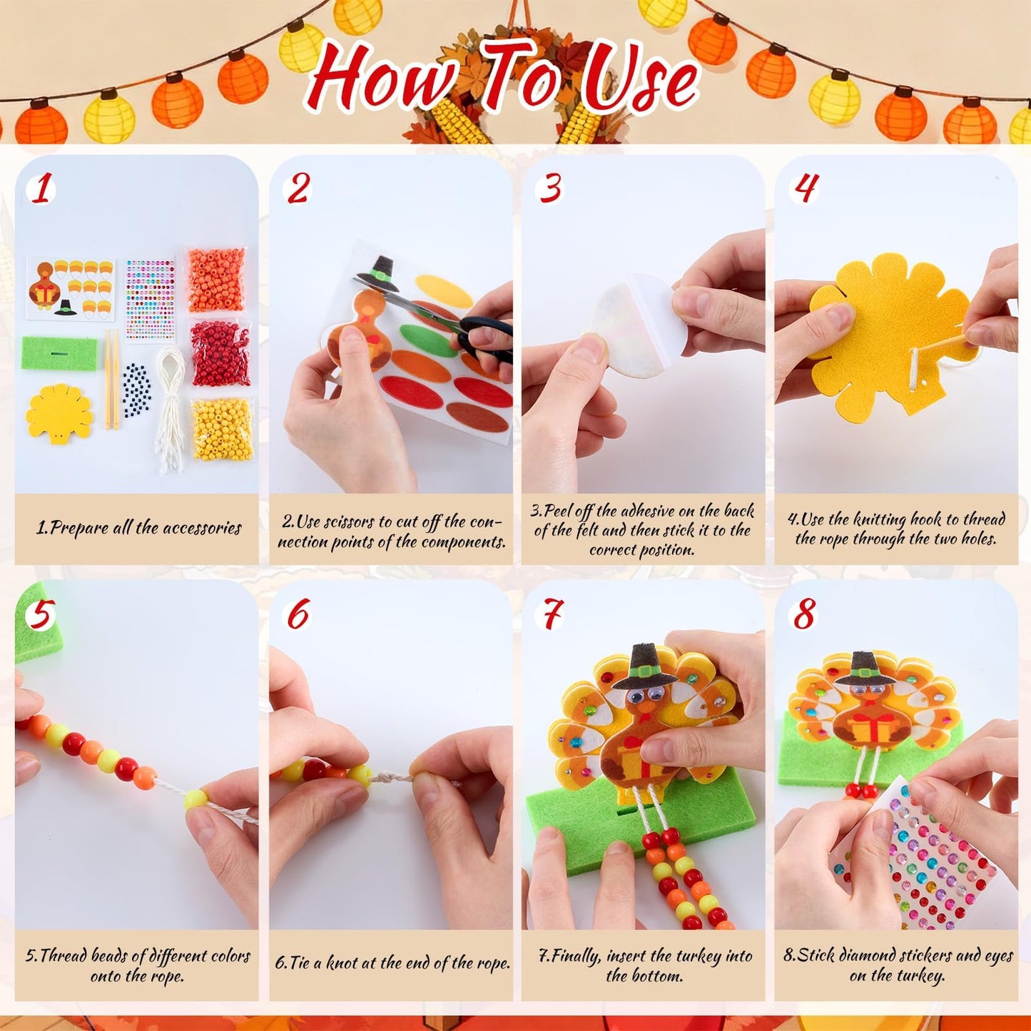 APUDWN 24 Sets Thanksgiving Turkey Craft Kits, DIY Thanksgiving Crafts, Felt Turkey Ornaments Decorations Art Sets Foam Stickers
