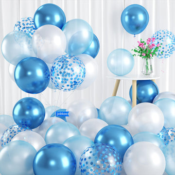 Blue And White Balloons, 60 Pcs Light Blue And White Balloons Set With Blue Confetti Metallic Blue Balloons, 12 Inch Pearl White