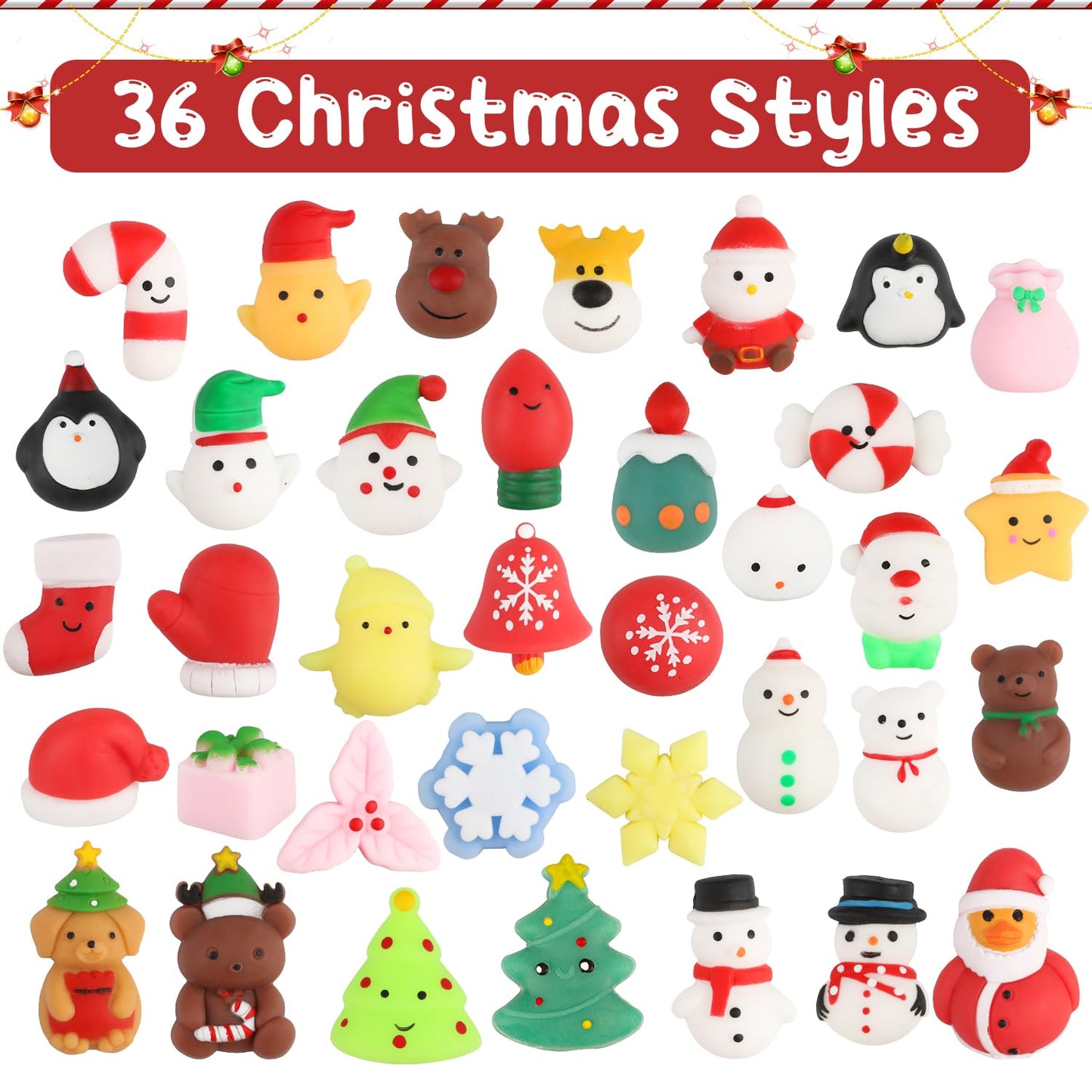 Suloli 36 Pcs Christmas Mochi Squishy Toys, Xmas Squeeze Toys Stress Reliever Anxiety Packs For Kids Christmas Party Favors Stocking Stuffers Gifts
