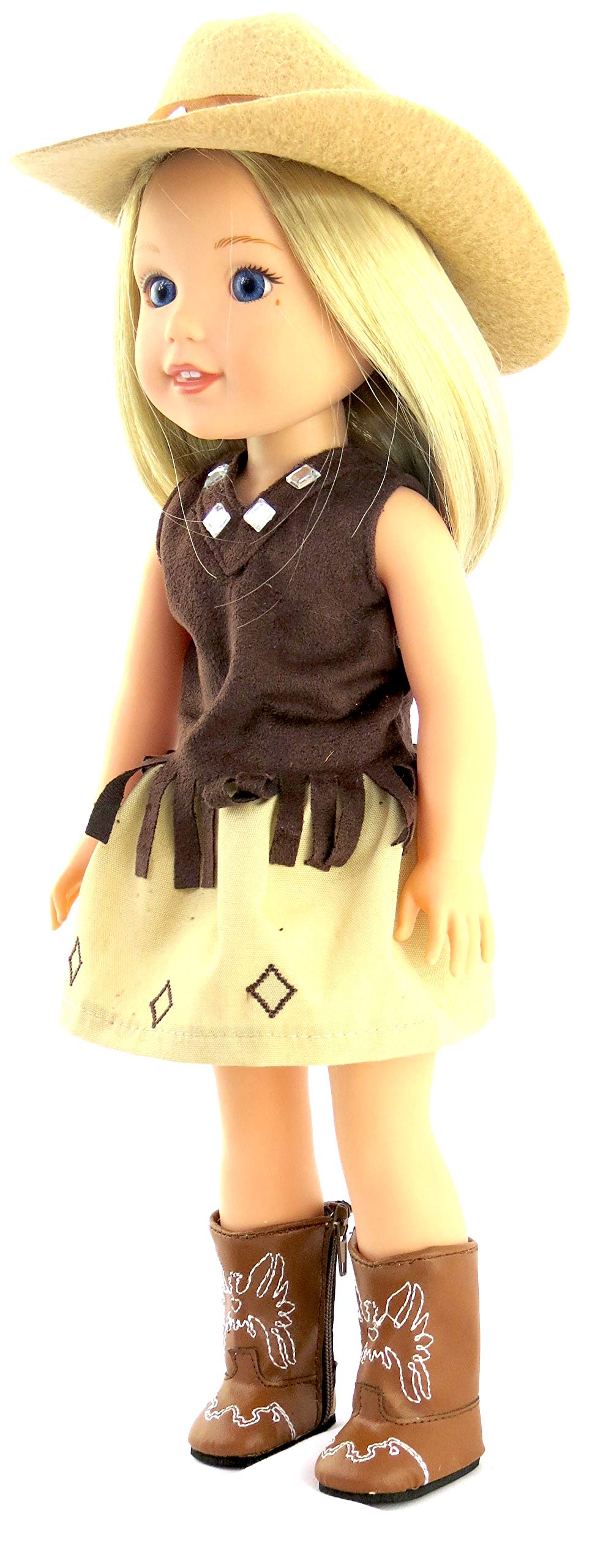 American Fashion World Brown Cowgirl Outfit for 14-Inch Dolls | Hat and Boots Included| enhanced Quality & Trendy Design | Dolls Clothes | Outfit Fashions for Dolls for Popular Brands