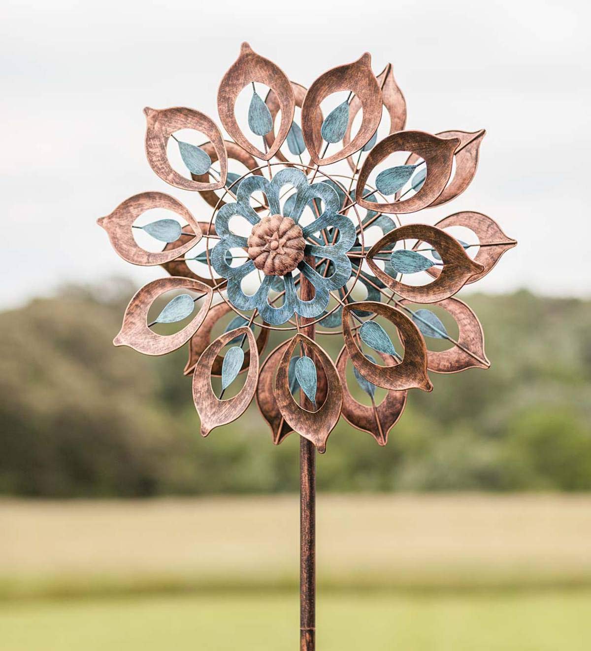 Mesmerizing Copper Lily Wind Spinner Dual-Tone | Petal-In-Petal Design | Independent Rotors | Brushed Copper & Antique Blue |All
