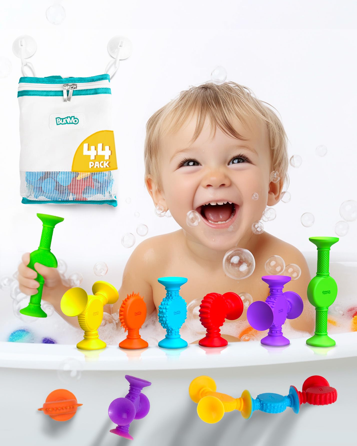 Bunmo Textured Suction Bath Toys 44Pcs | Connect, Build, Create | No Mold Bath Toy | Hours Of Fun & Creativity | Fine Motor Skills | Stimulating & Addictive Sensory Suction Toy | No Hole Bath Toy