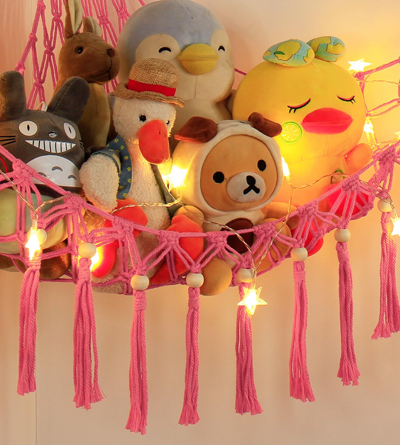 Stuffed Animal Storage Hammock Corner With Led Light - Toy Hanging Organizer Plushie Net - Pink Room Decor For Teen Girls - Cute