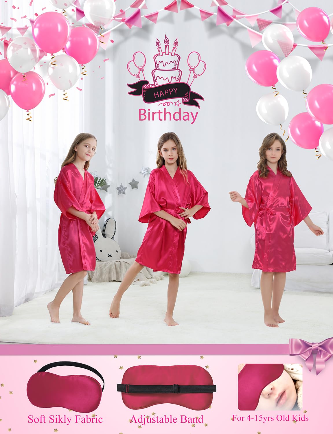 Kid Girls Spa Costume Party Set with Eyemask Hairband Hair Ring  Silky Plain Kimono Robes for Wedding Flower Robe (Rose  Tag 4)
