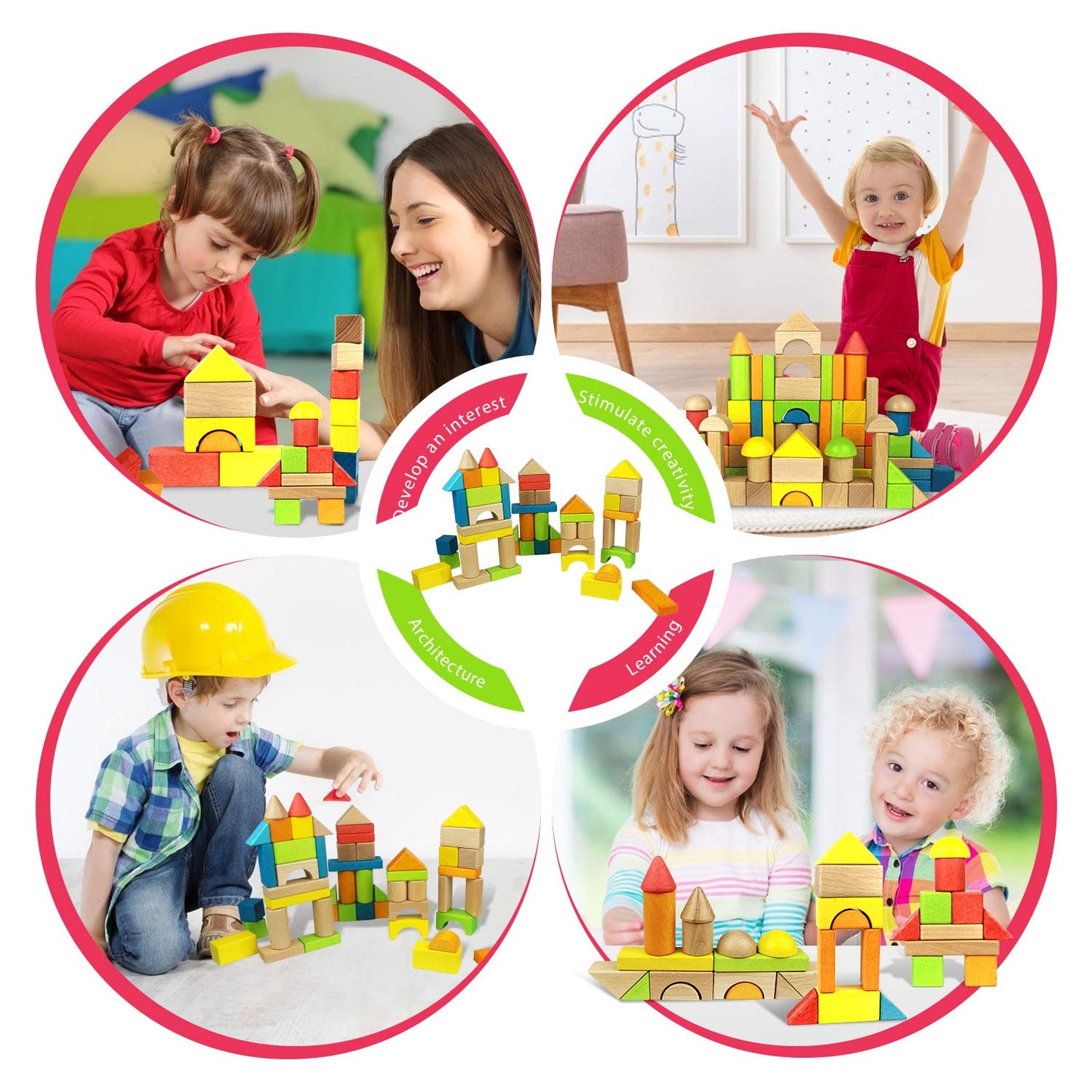 Migargle Wooden Building Blocks Set For Kids - Rainbow Stacker Stacking Game Construction Toys Set Preschool Colorful Learning Educational Toys - Geometry Wooden Blocks For Boys & Girls