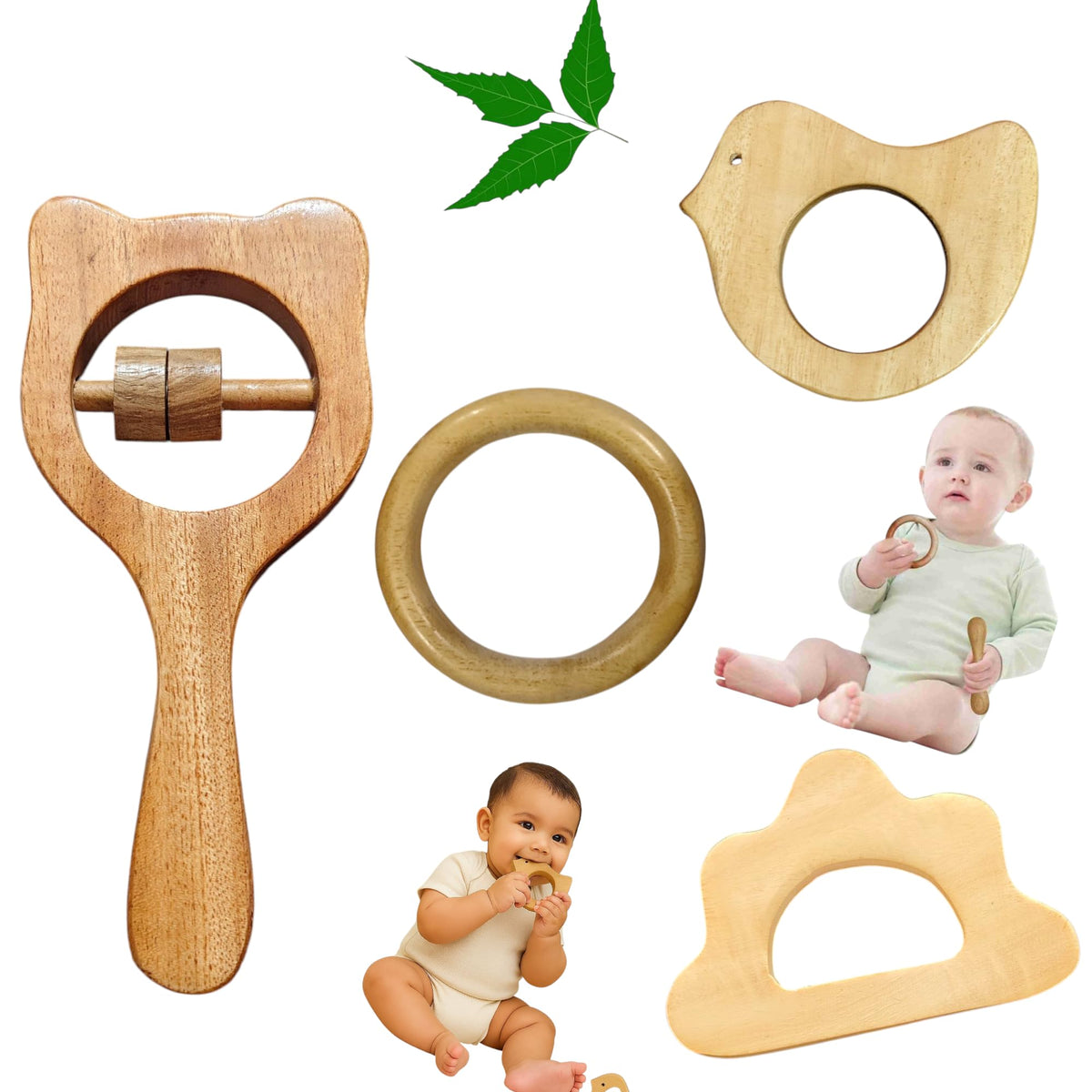 Wooden Baby Teething Toys, Natural Montessori Rattle Set With Bird And Cloud Shapes, Safe Sensory Learning Toys For Infants