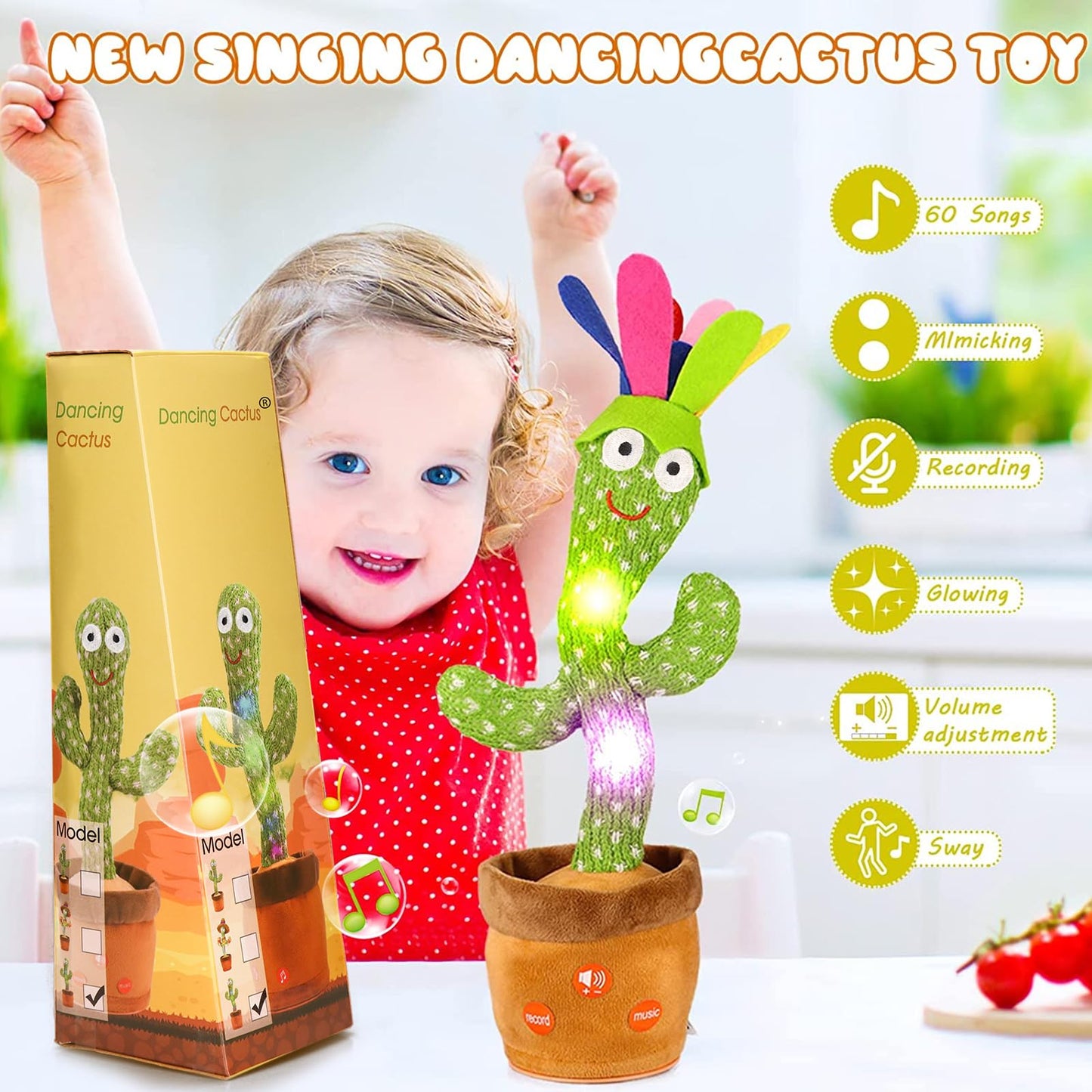 Emoin Dancing Cactus With Flower, Talking Cactus Baby Toy Repeating What You Say Glowing Singing Mimicking Recording Interactive