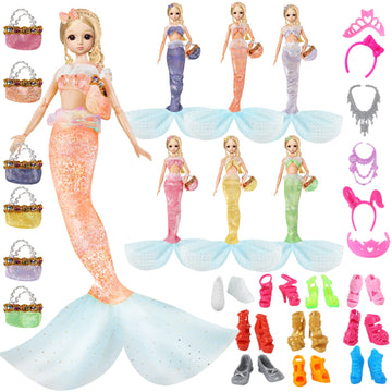 Mlcnles Mermaid Doll Dress For 11.5 Inch Dolls Clothes Include 6 Sets Mermaid Bikini Swimsuit 6 Mermaid Tail 6 Handbags 6 Crown 10 Shoes, 11.5‘’ Costume For Girls Doll Present Christmas