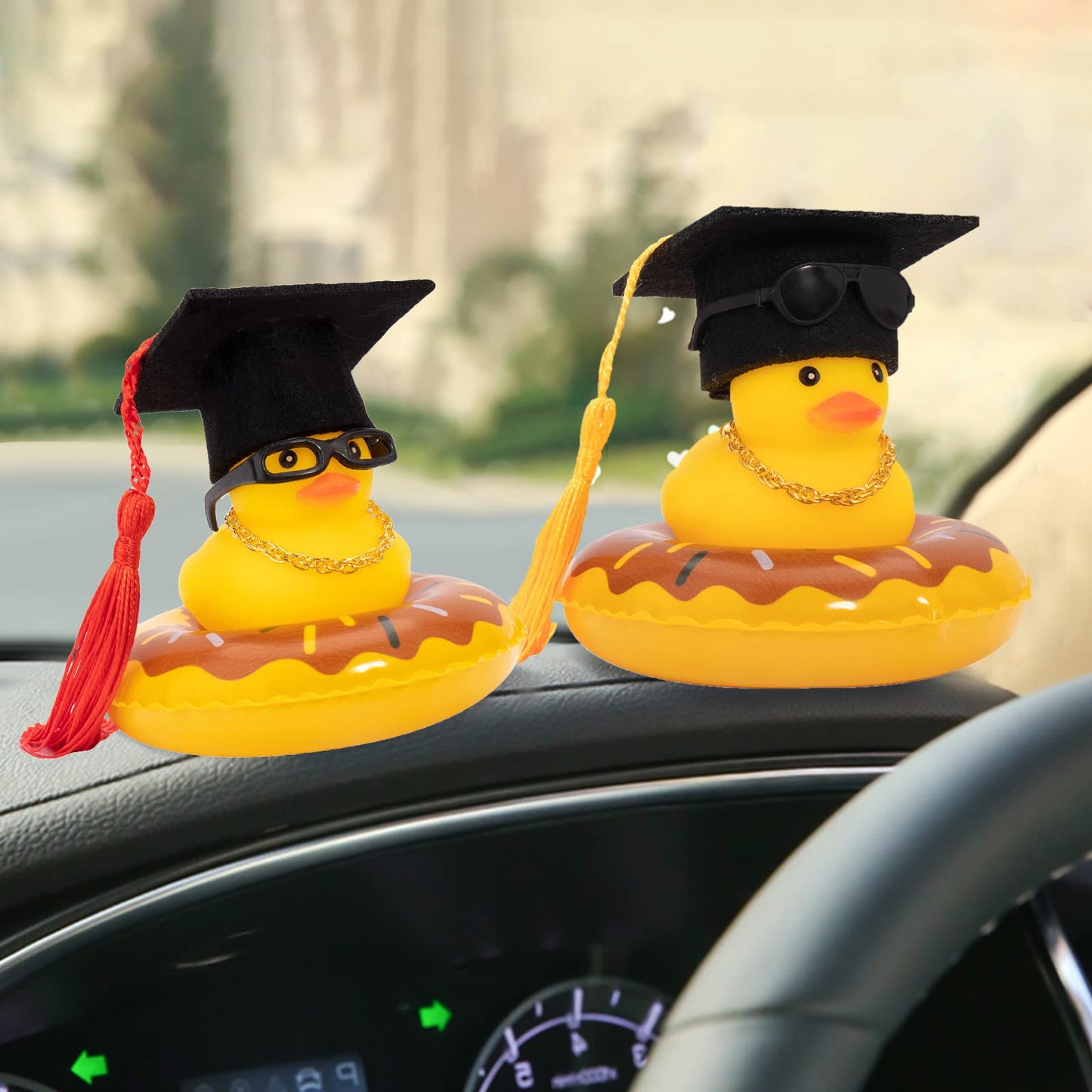 Wonuu Car Rubber Duck, Yellow Duck Decoration Dashboard With Sun Hat Swim Ring Necklace Sunglasses For Car Dashboard Decorations, Black Top Hat Red-Donut
