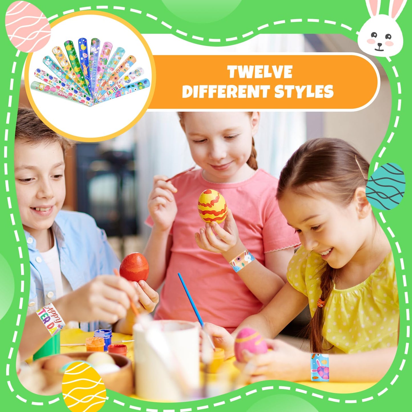 48 Pieces Easter Slap Bracelets Bulk Party Favors for Kids - 12 Designs Spring and Easter Themed Snap Bands, Classroom Exchanges