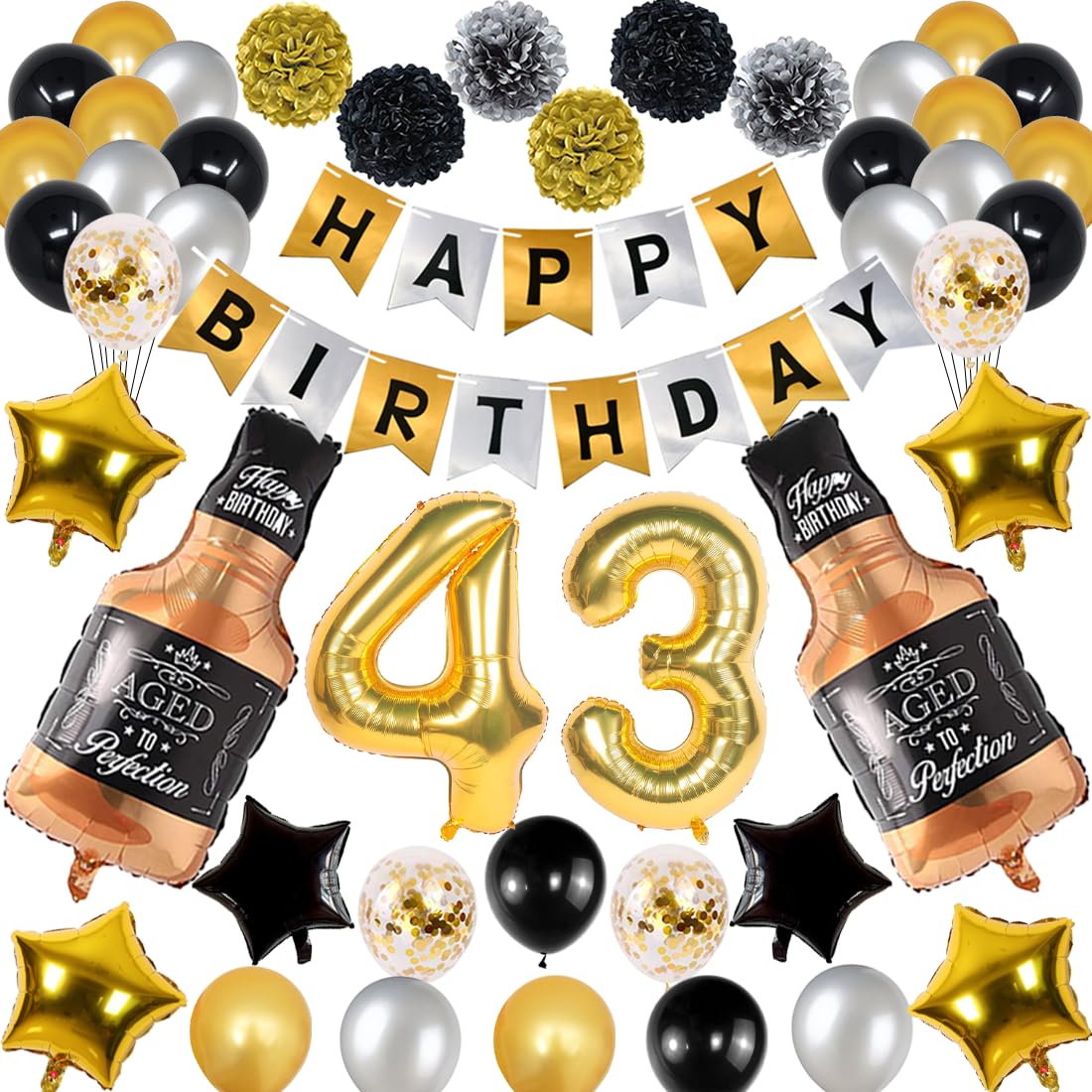 Naninuneno 43Th Gold Birthday Decorations, Gold Black Silver Happy Birthday Balloons Supplies For Boy Men Girl Women, 43 Birthda