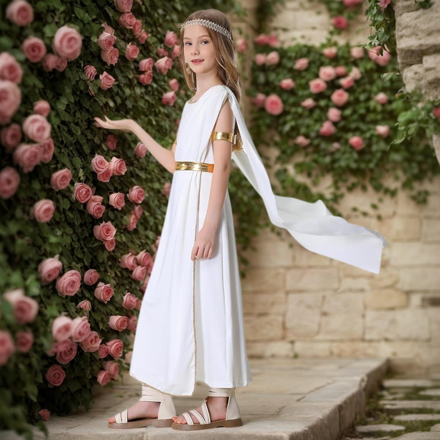 Lmyove Greek Goddess Costume Girls, White Goddess Dress With Gold Leaf Headband, Toga Costume 4 Pcs, Halloween Rome Princess Out