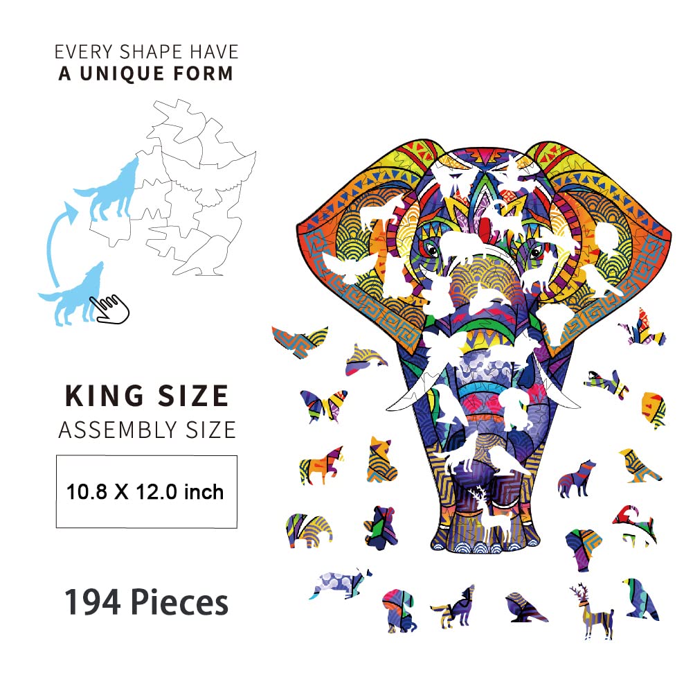 Realsun Wooden Puzzle For Adults, Unique 194 Pieces Animals Shaped Jigsaw Puzzles, Wood Laser Cut Jigsaw Puzzle, Magic Wooden Pu