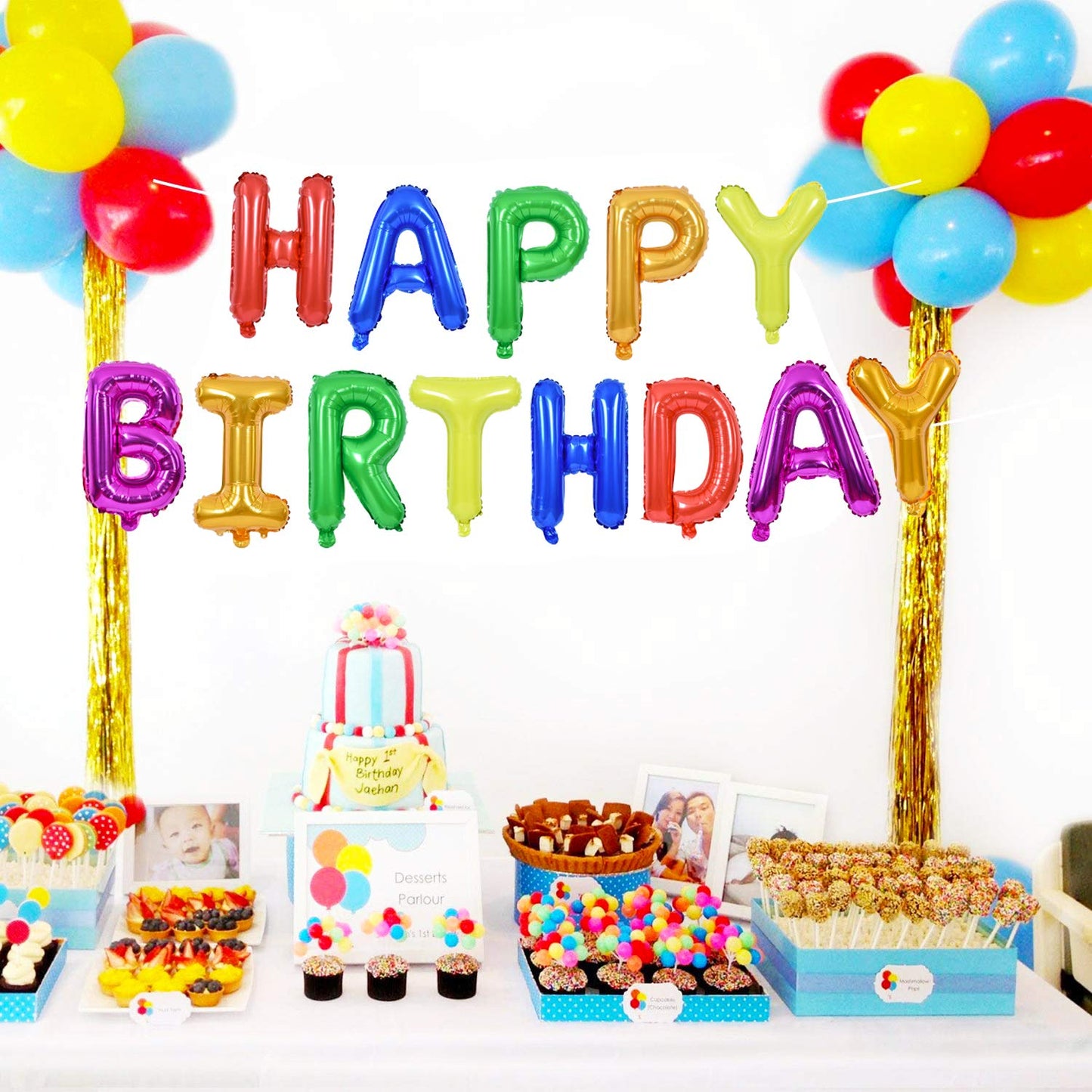 TONIFUL 7 Color Rainbow Happy Birthday Balloons Banner, 16 Inches Colorful Mylar Foil Letter Sign Balloons Banner Bunting for Gi