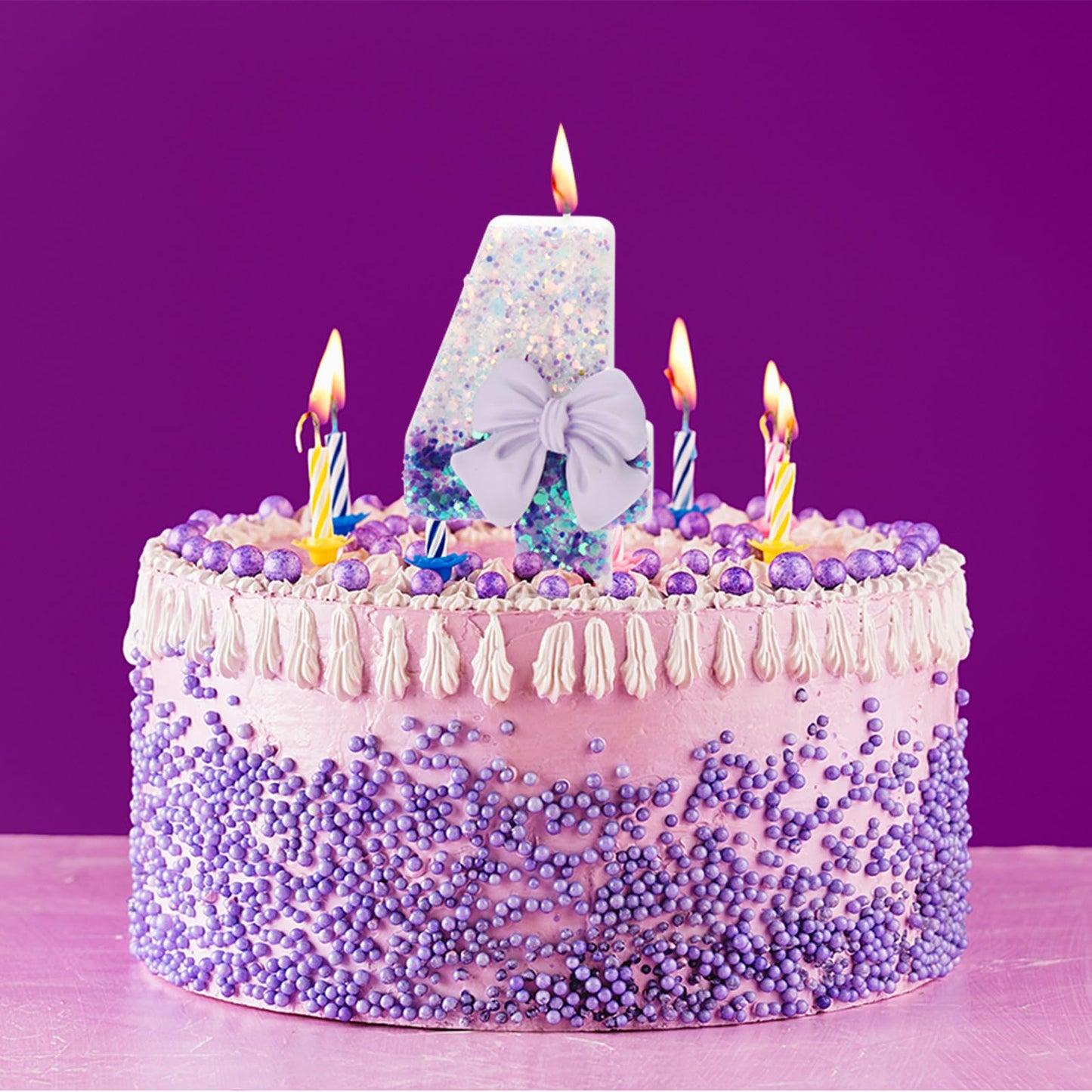 ElekFX Birthday Candle for Cake, 4 Candle - Purple Glitter with Bowknot, 2.76 inch Happy Birthday Candle, Cake Topper Decoration